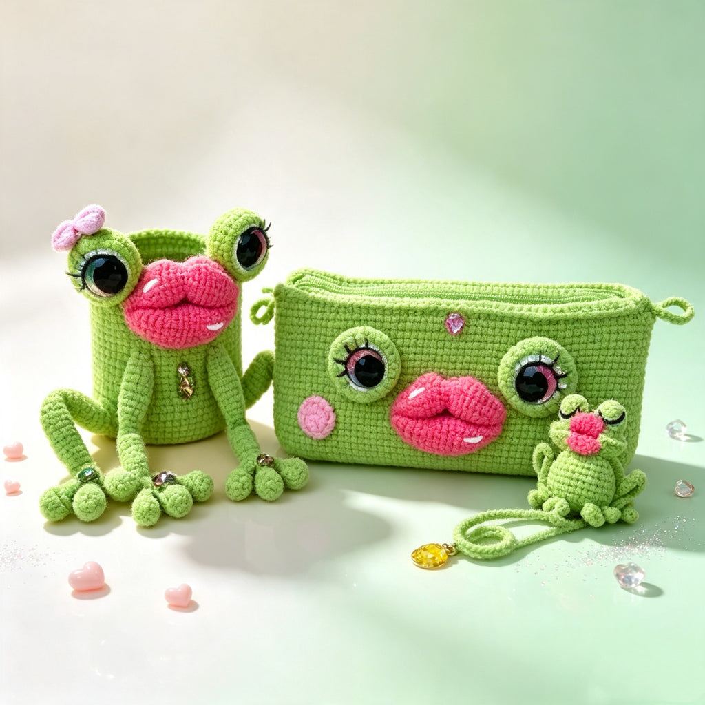 The Pouty Froggy Set – 3-Piece Hand-Crocheted Stationery Set: Frog Pencil Holder, Frog Pencil Case &amp; Frog Bookmark, Each with Googly Eyes, Pouty Pink Lips &amp; Maximum Personality | The Third Space
