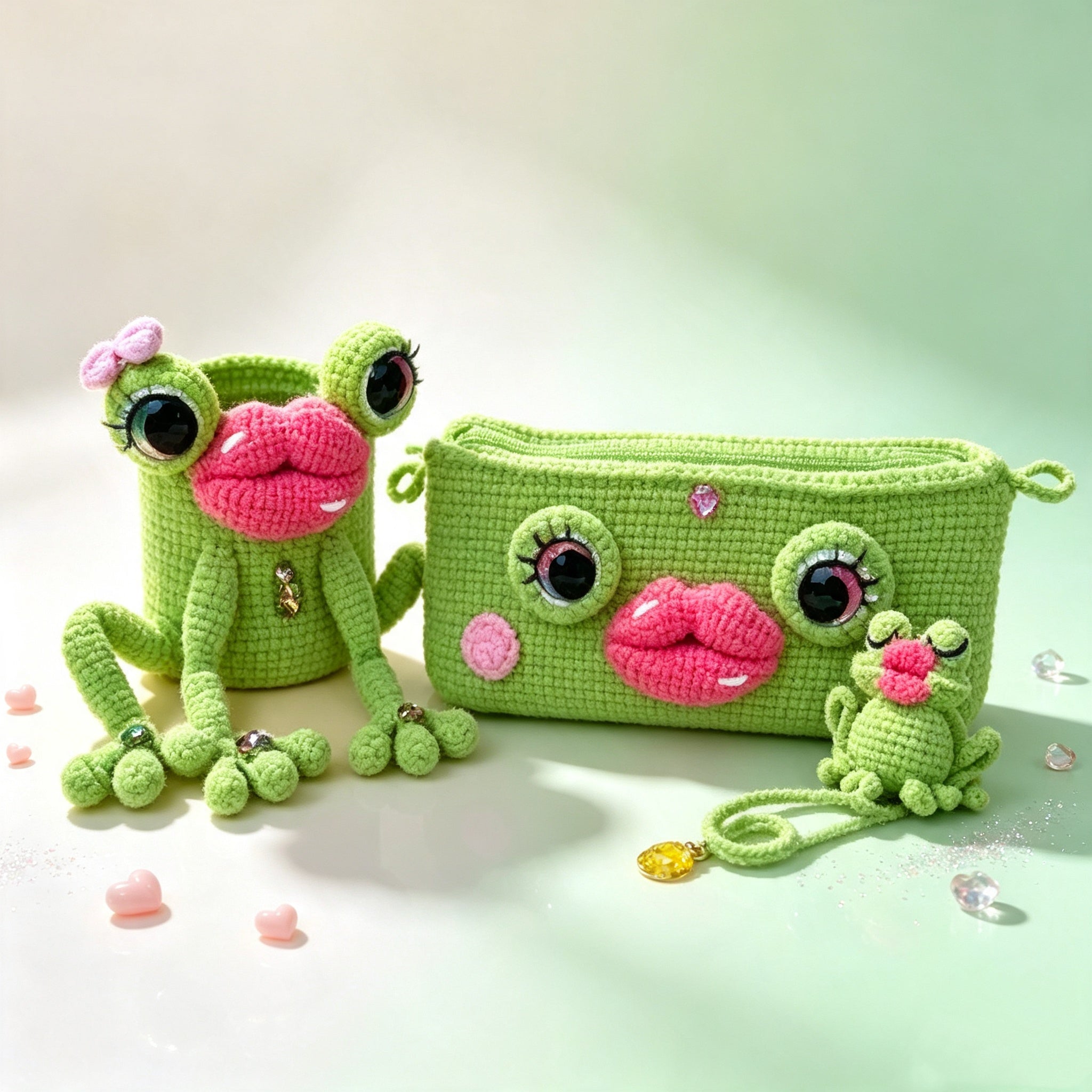 The Pouty Froggy Set – 3-Piece Hand-Crocheted Stationery Set: Frog Pencil Holder, Frog Pencil Case &amp; Frog Bookmark, Each with Googly Eyes, Pouty Pink Lips &amp; Maximum Personality | The Third Space