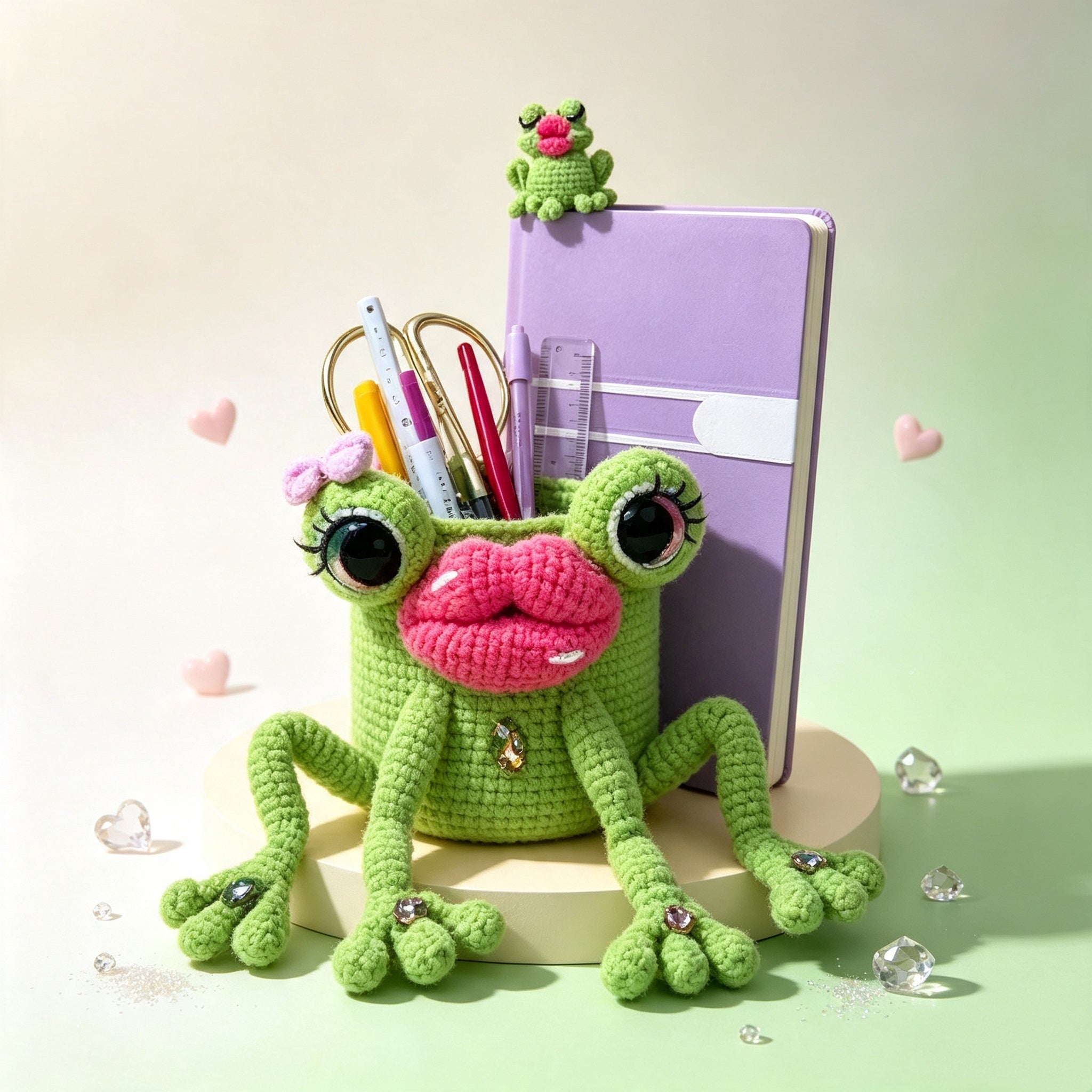 The Pouty Froggy Set – 3-Piece Hand-Crocheted Stationery Set: Frog Pencil Holder, Frog Pencil Case &amp; Frog Bookmark, Each with Googly Eyes, Pouty Pink Lips &amp; Maximum Personality | The Third Space