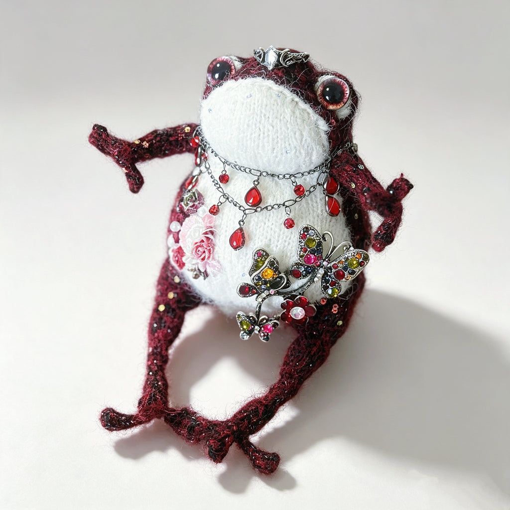 The Gothic Jewel Toad – Hand-Knitted Figurine in Deep Red &amp; Black Sparkle Yarn, Silver Crown, Ruby Teardrop Necklace, Crystal Butterfly Brooch &amp; Embroidered Flowers | The Third Space