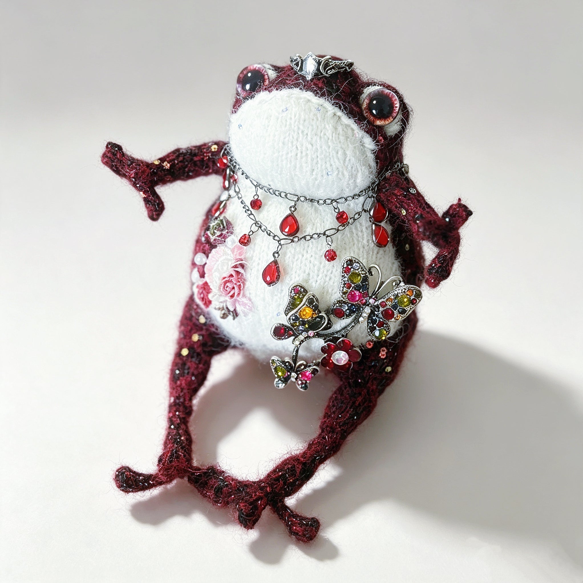The Gothic Jewel Toad – Hand-Knitted Figurine in Deep Red &amp; Black Sparkle Yarn, Silver Crown, Ruby Teardrop Necklace, Crystal Butterfly Brooch &amp; Embroidered Flowers | The Third Space