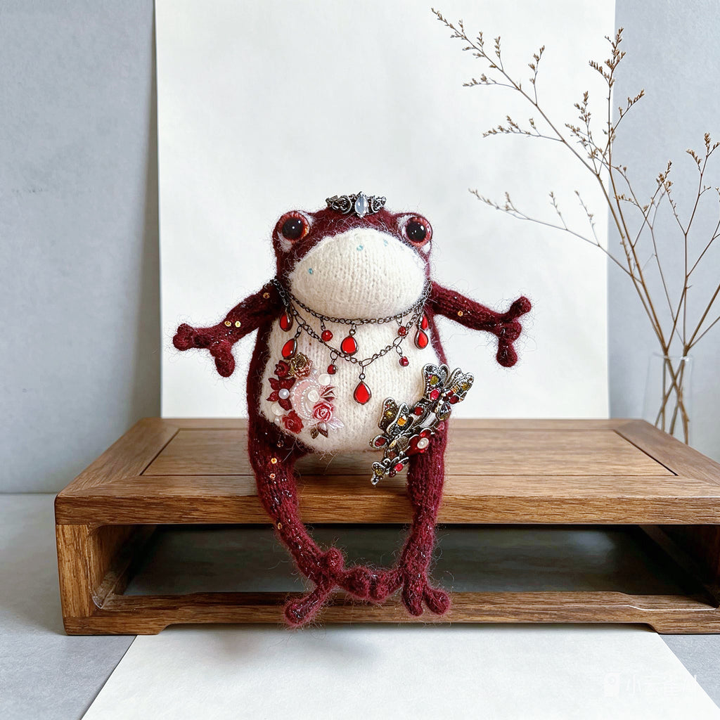 The Gothic Jewel Toad – Hand-Knitted Figurine in Deep Red &amp; Black Sparkle Yarn, Silver Crown, Ruby Teardrop Necklace, Crystal Butterfly Brooch &amp; Embroidered Flowers | The Third Space