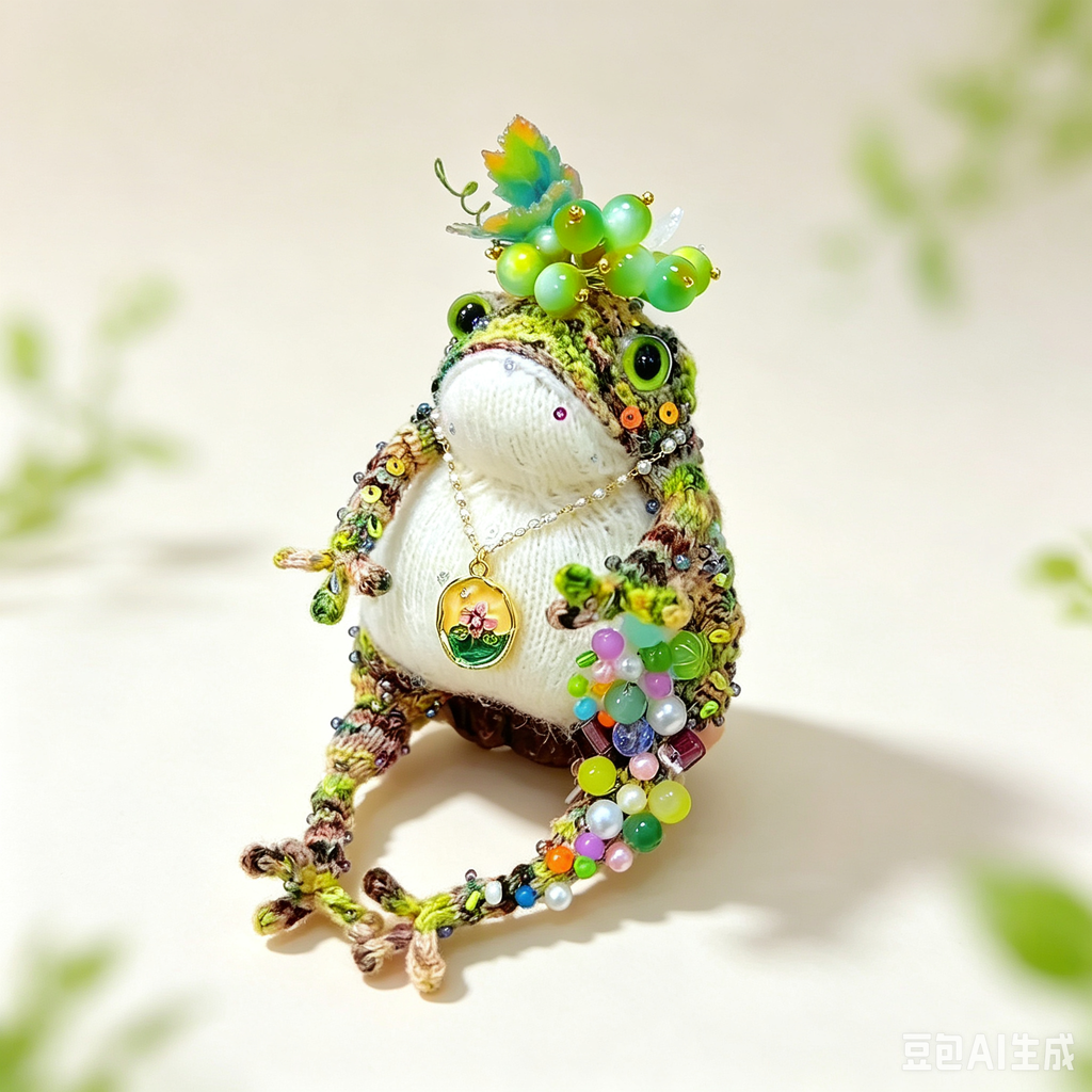 The Grape-Gathering Toad – Hand-Knitted Figurine with Plump White Belly, Green Bead Vine Crown, Colorful Bead Tassels, Floral Round Pendant &amp; Mossy Green-Yellow-Brown Yarn Texture | The Third Space