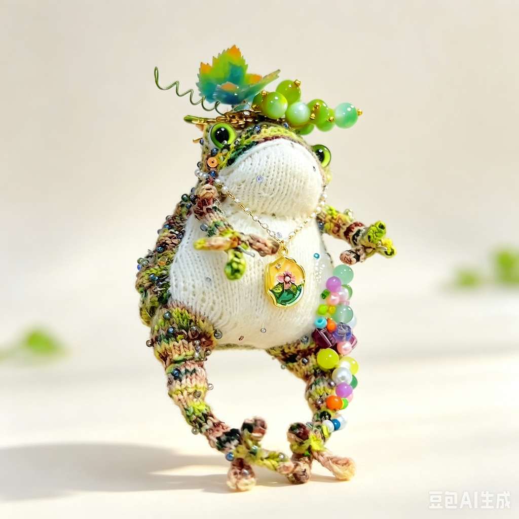 The Grape-Gathering Toad – Hand-Knitted Figurine with Plump White Belly, Green Bead Vine Crown, Colorful Bead Tassels, Floral Round Pendant &amp; Mossy Green-Yellow-Brown Yarn Texture | The Third Space