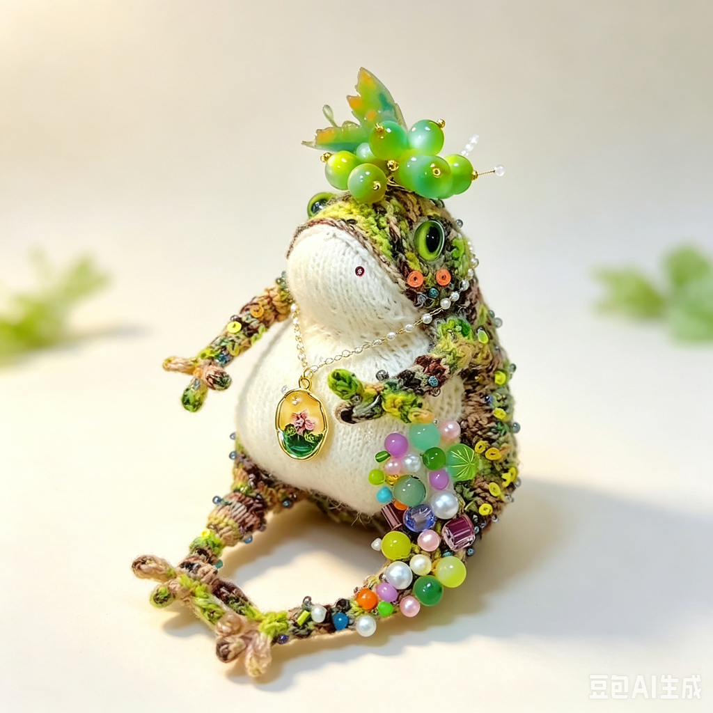 The Grape-Gathering Toad – Hand-Knitted Figurine with Plump White Belly, Green Bead Vine Crown, Colorful Bead Tassels, Floral Round Pendant &amp; Mossy Green-Yellow-Brown Yarn Texture | The Third Space
