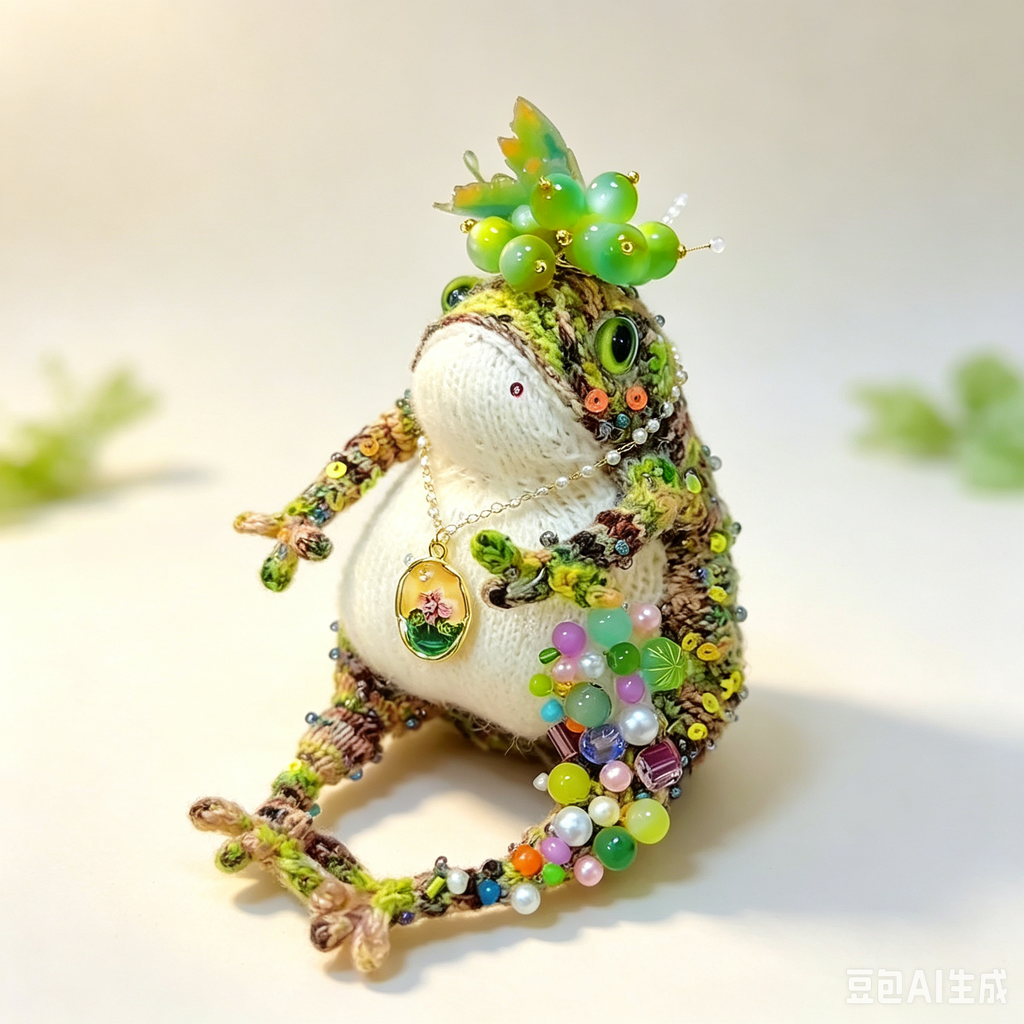 The Grape-Gathering Toad – Hand-Knitted Figurine with Plump White Belly, Green Bead Vine Crown, Colorful Bead Tassels, Floral Round Pendant &amp; Mossy Green-Yellow-Brown Yarn Texture | The Third Space