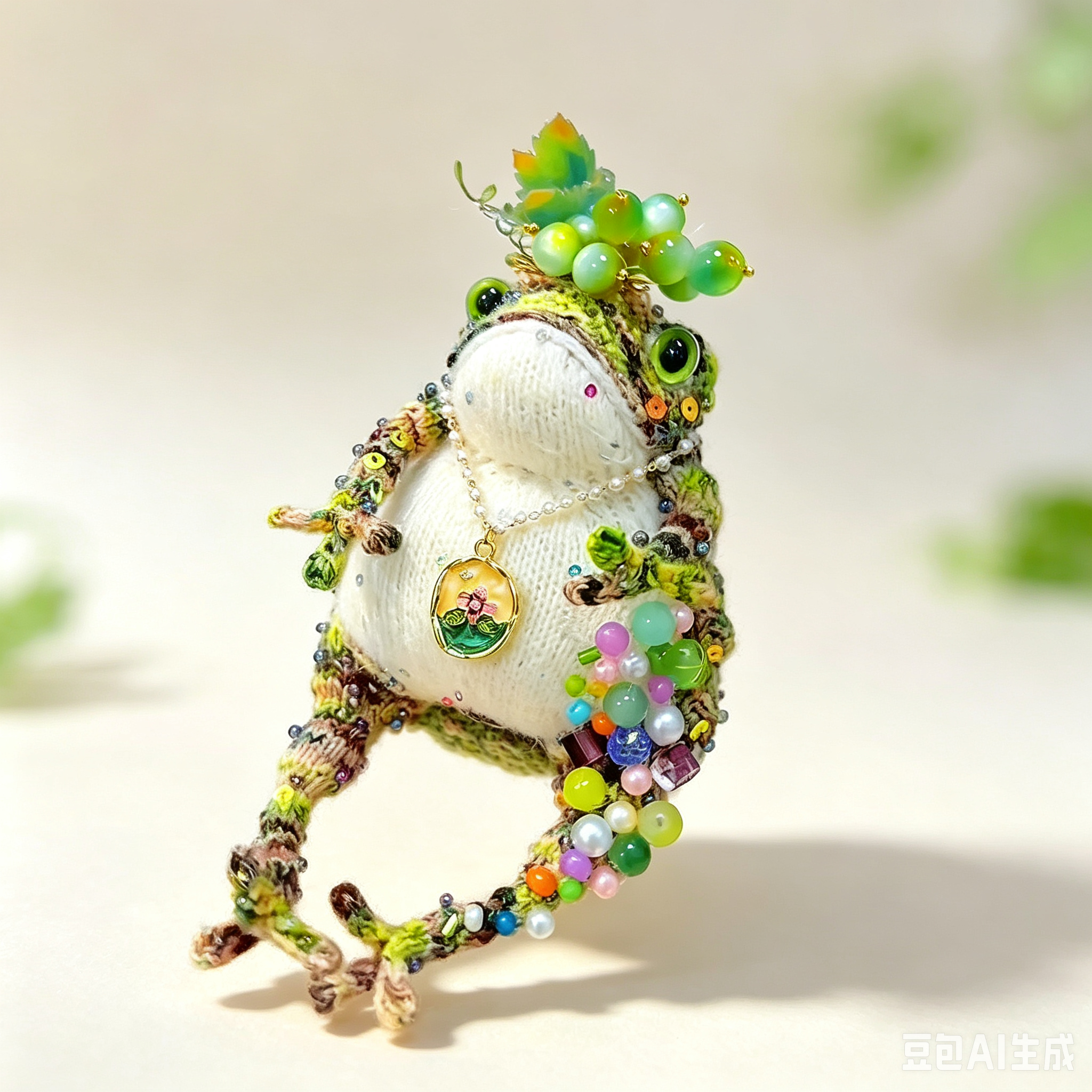 The Grape-Gathering Toad – Hand-Knitted Figurine with Plump White Belly, Green Bead Vine Crown, Colorful Bead Tassels, Floral Round Pendant &amp; Mossy Green-Yellow-Brown Yarn Texture | The Third Space