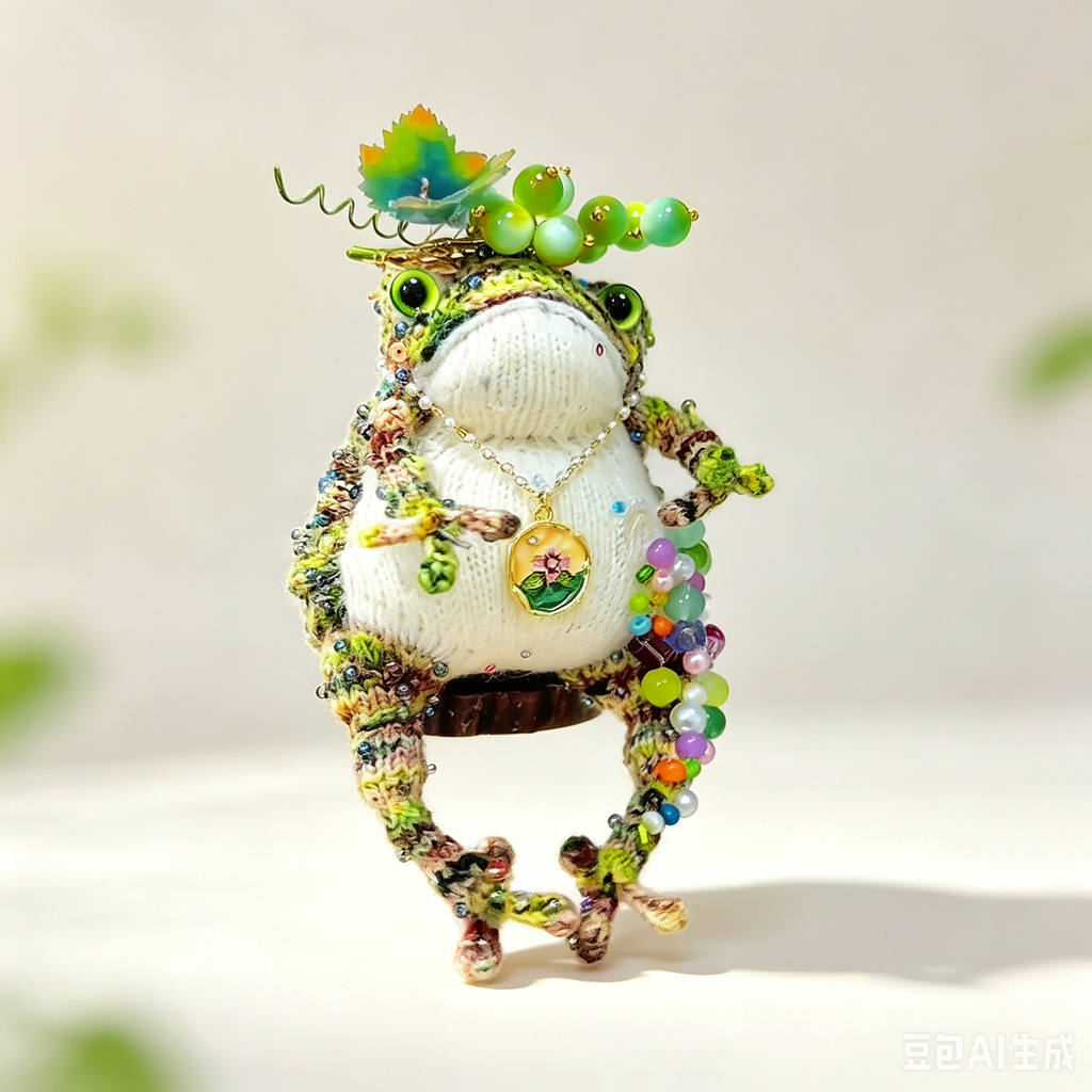 The Grape-Gathering Toad – Hand-Knitted Figurine with Plump White Belly, Green Bead Vine Crown, Colorful Bead Tassels, Floral Round Pendant &amp; Mossy Green-Yellow-Brown Yarn Texture | The Third Space