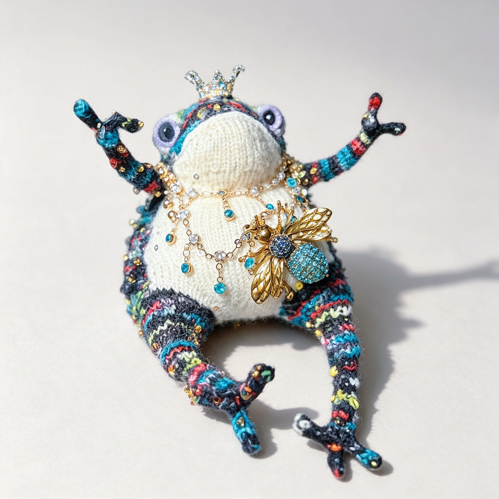 The Crowned Toad Duo – One Ocean Sprite &amp; One Night Garden Noble, Hand-Knitted &amp; Bejeweled  (Available Individually or as a Pair) |  | The Third Space