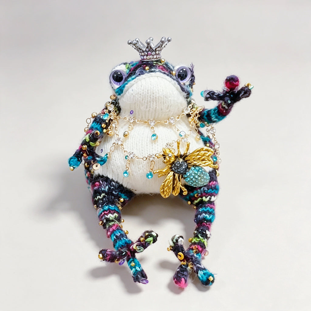 The Crowned Toad Duo – One Ocean Sprite &amp; One Night Garden Noble, Hand-Knitted &amp; Bejeweled  (Available Individually or as a Pair) |  | The Third Space