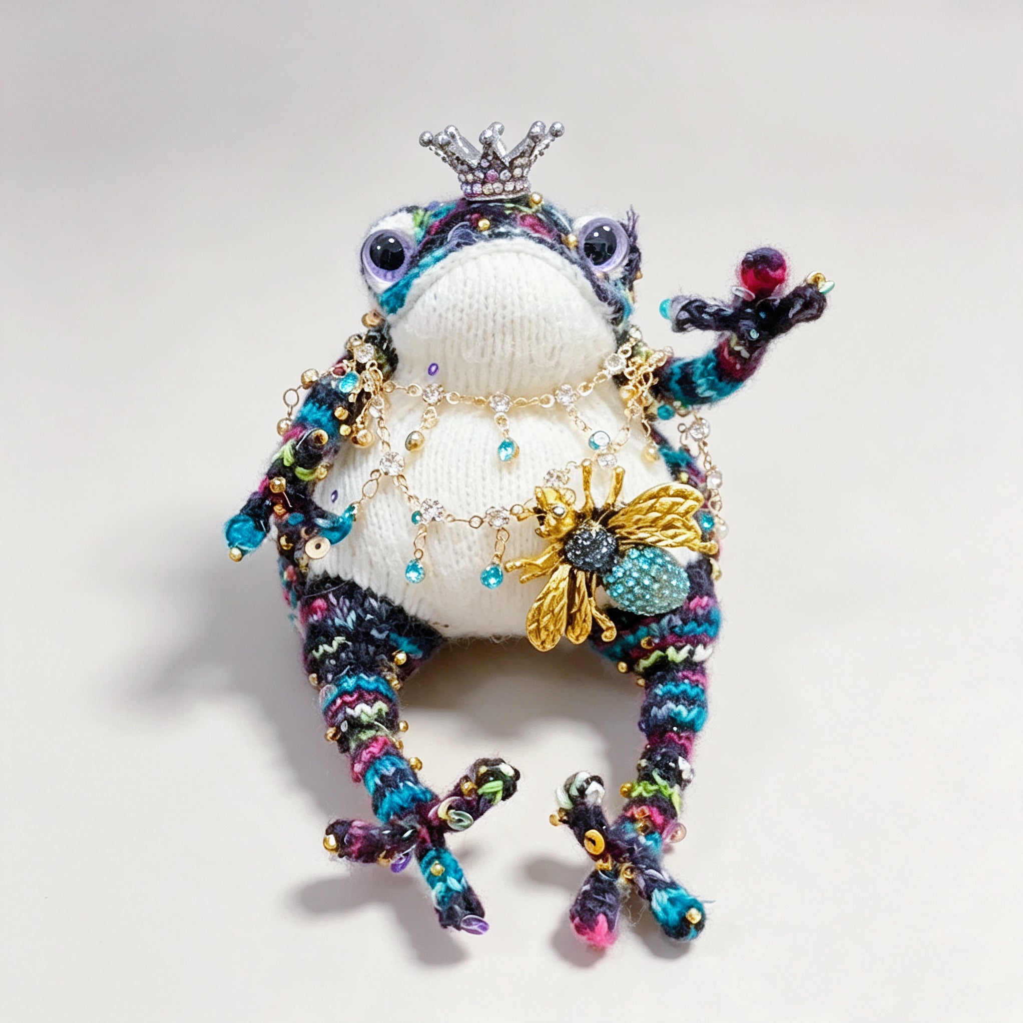 The Crowned Toad Duo – One Ocean Sprite &amp; One Night Garden Noble, Hand-Knitted &amp; Bejeweled  (Available Individually or as a Pair) |  | The Third Space