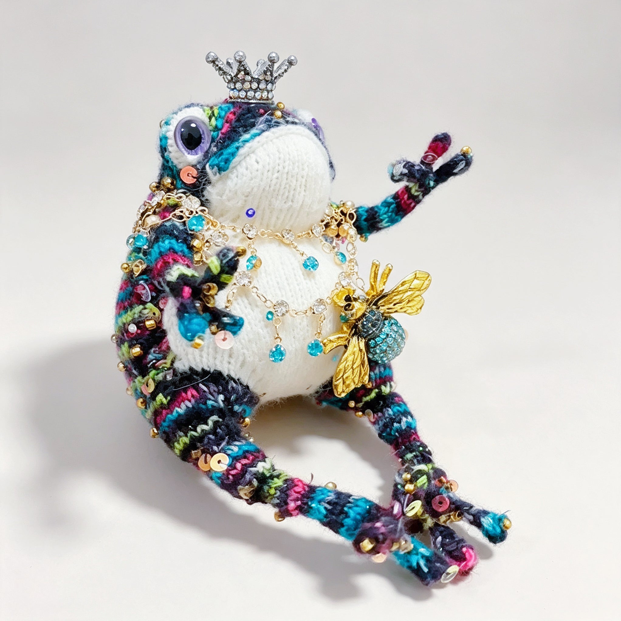 The Crowned Toad Duo – One Ocean Sprite &amp; One Night Garden Noble, Hand-Knitted &amp; Bejeweled  (Available Individually or as a Pair) |  | The Third Space