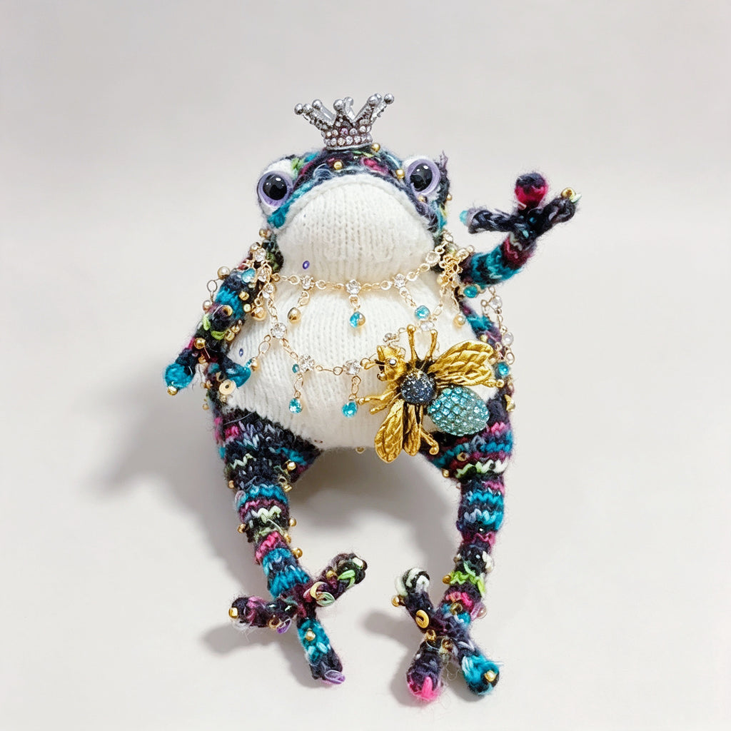 The Crowned Toad Duo – One Ocean Sprite &amp; One Night Garden Noble, Hand-Knitted &amp; Bejeweled  (Available Individually or as a Pair) |  | The Third Space