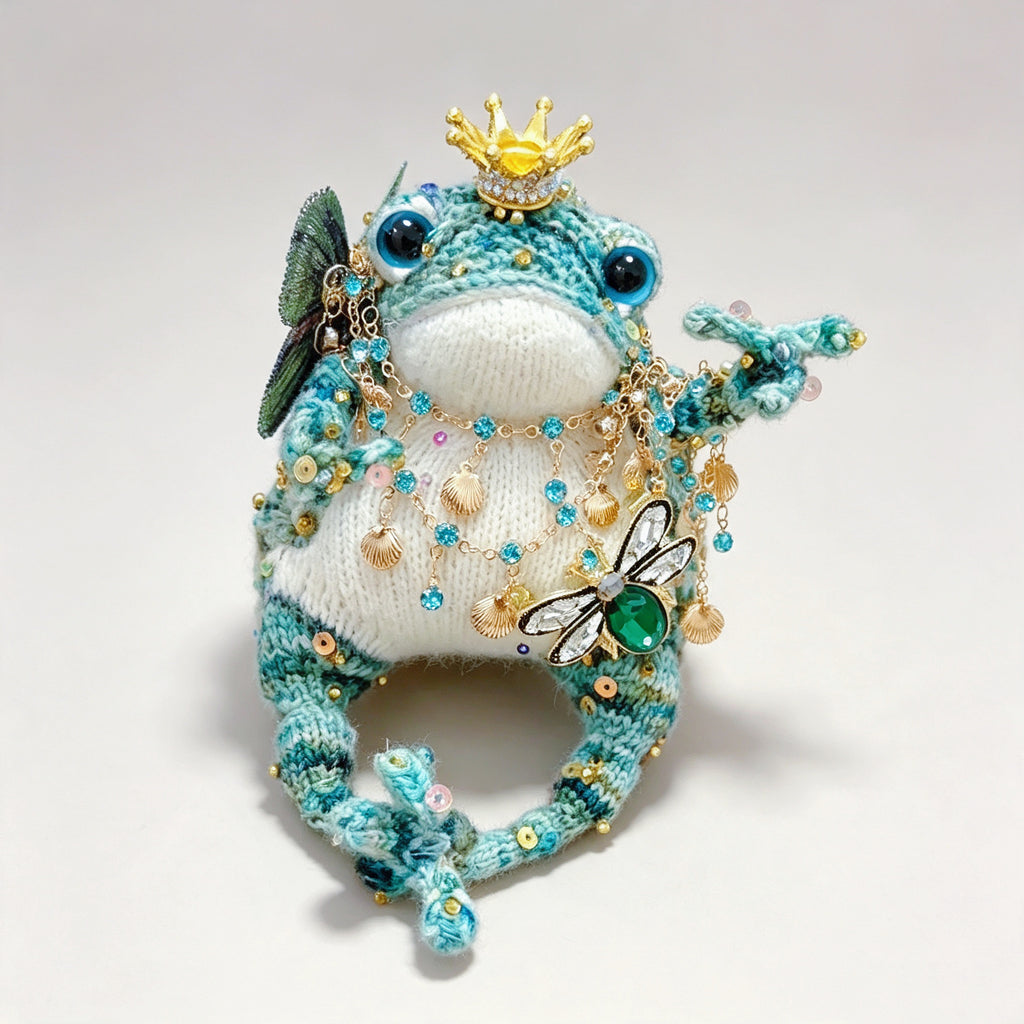 The Crowned Toad Duo – One Ocean Sprite &amp; One Night Garden Noble, Hand-Knitted &amp; Bejeweled  (Available Individually or as a Pair) |  | The Third Space