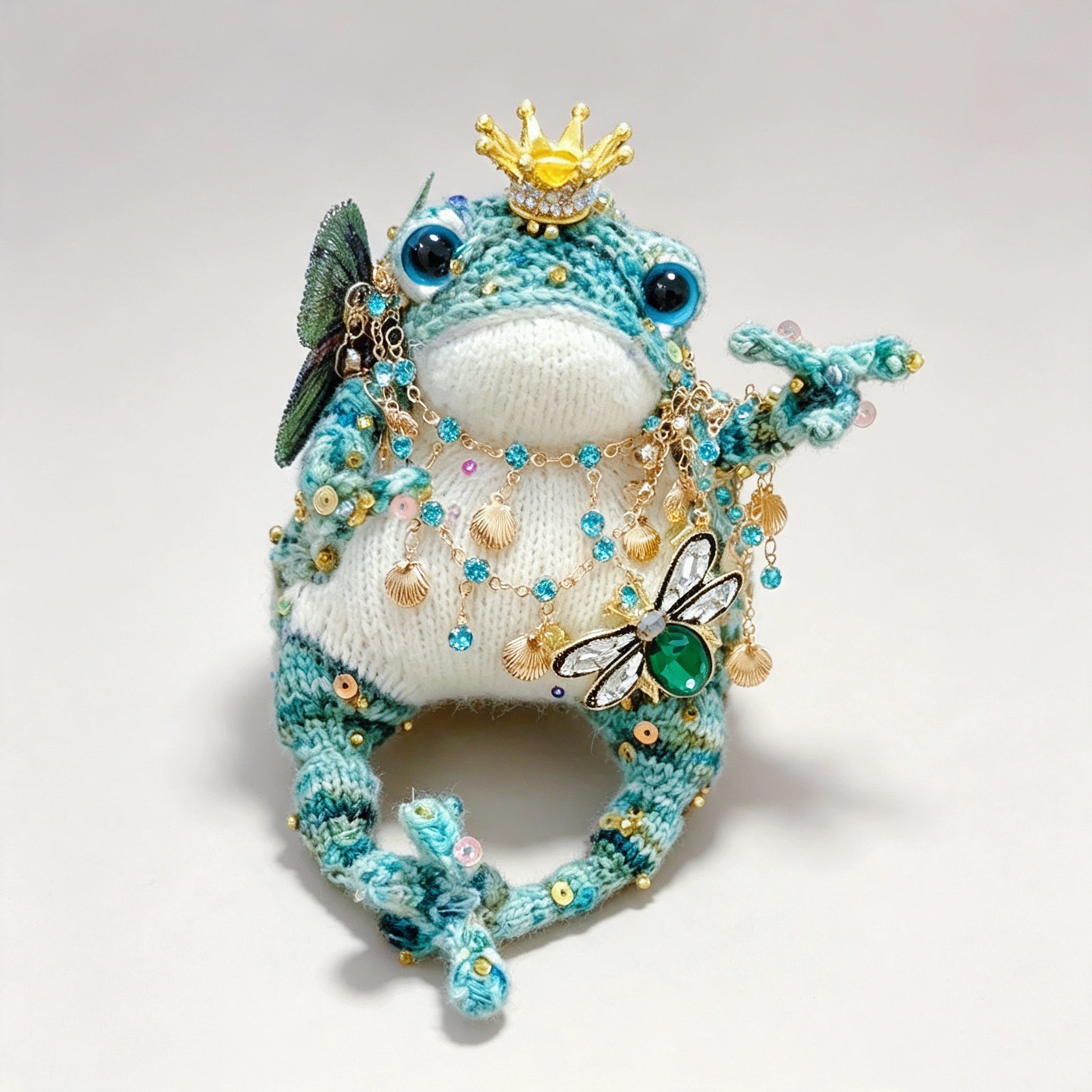 The Crowned Toad Duo – One Ocean Sprite &amp; One Night Garden Noble, Hand-Knitted &amp; Bejeweled  (Available Individually or as a Pair) |  | The Third Space
