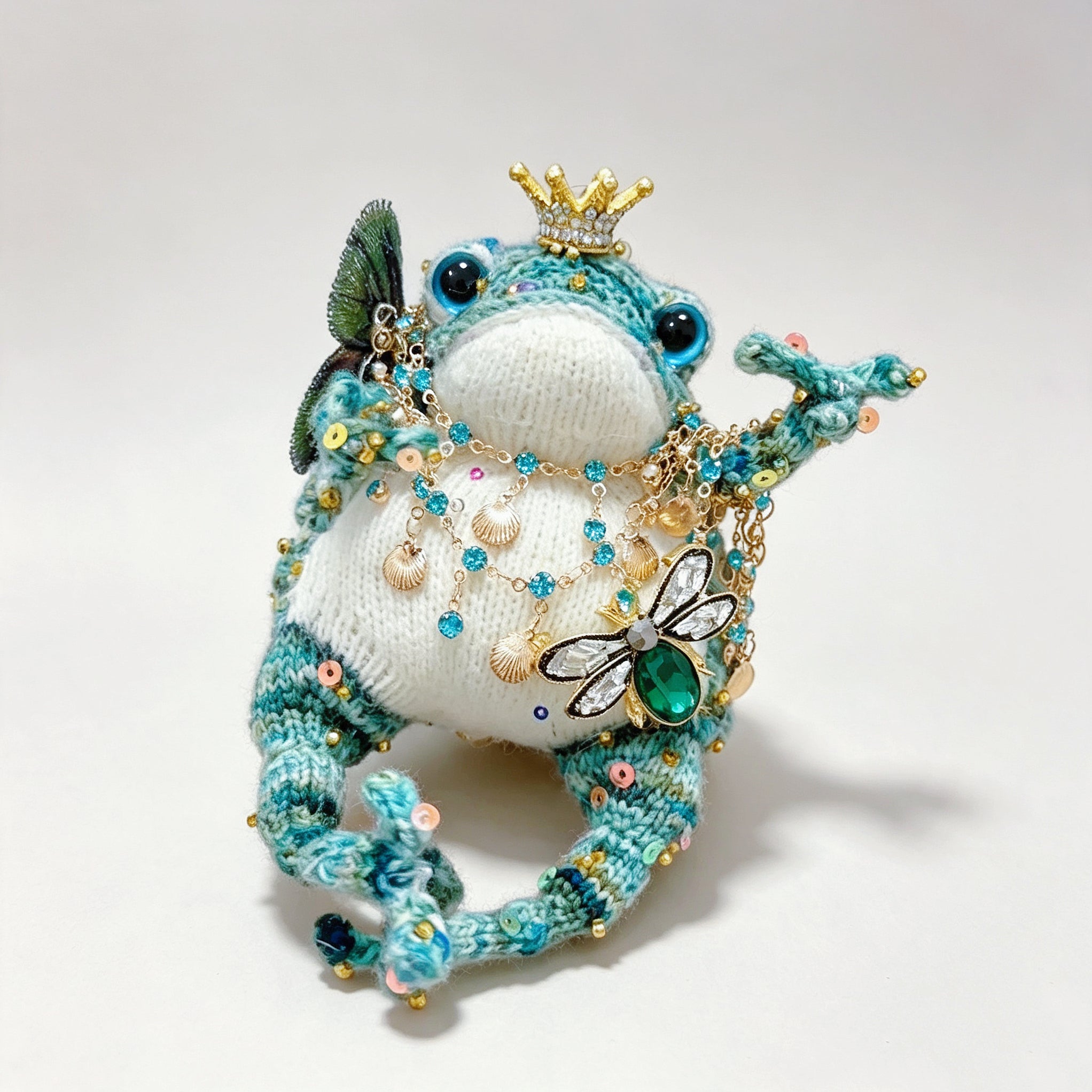 The Crowned Toad Duo – One Ocean Sprite &amp; One Night Garden Noble, Hand-Knitted &amp; Bejeweled  (Available Individually or as a Pair) |  | The Third Space