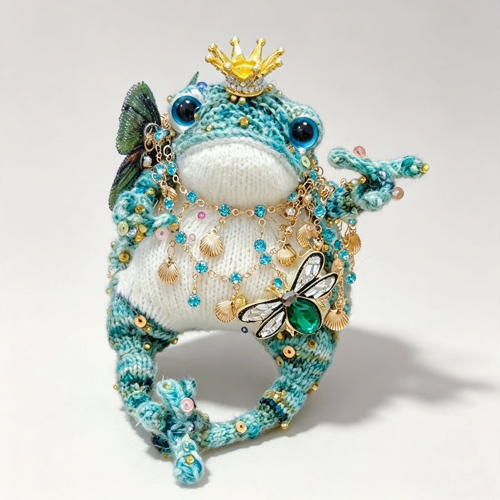 The Crowned Toad Duo – One Ocean Sprite &amp; One Night Garden Noble, Hand-Knitted &amp; Bejeweled  (Available Individually or as a Pair) |  | The Third Space