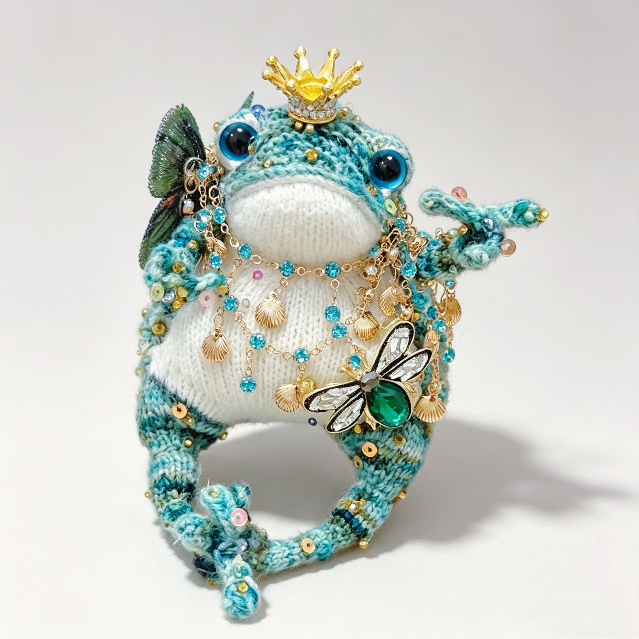 The Crowned Toad Duo – One Ocean Sprite &amp; One Night Garden Noble, Hand-Knitted &amp; Bejeweled  (Available Individually or as a Pair) |  | The Third Space