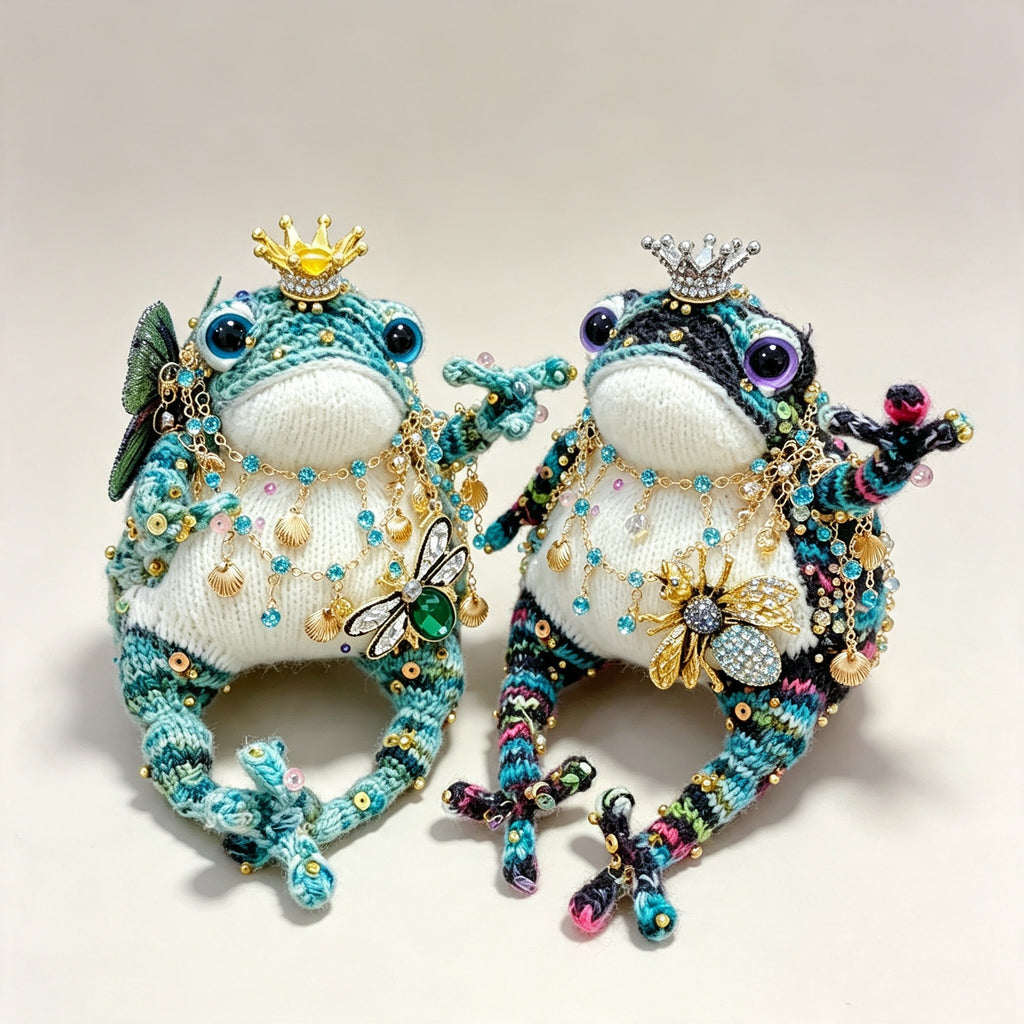 The Crowned Toad Duo – One Ocean Sprite &amp; One Night Garden Noble, Hand-Knitted &amp; Bejeweled  (Available Individually or as a Pair) |  | The Third Space