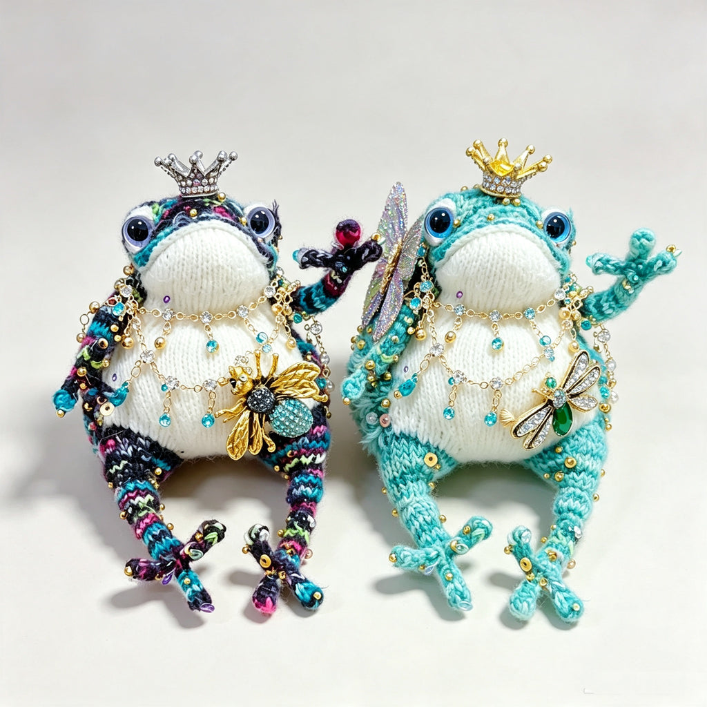 The Crowned Toad Duo – One Ocean Sprite &amp; One Night Garden Noble, Hand-Knitted &amp; Bejeweled  (Available Individually or as a Pair) |  | The Third Space