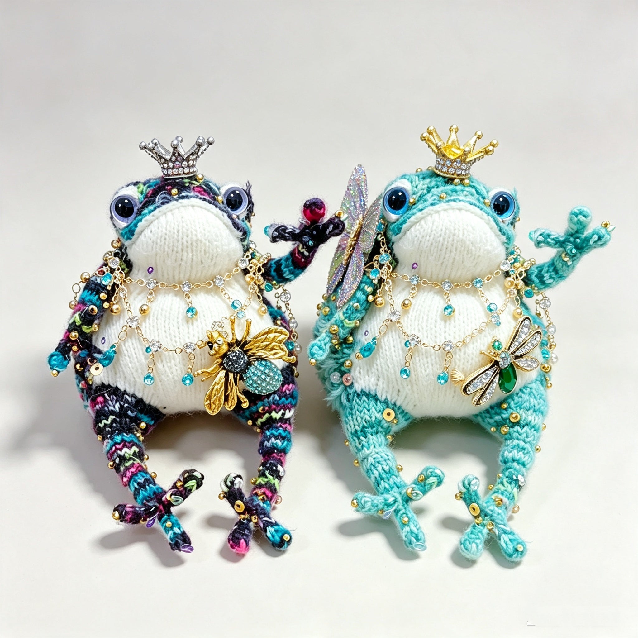 The Crowned Toad Duo – One Ocean Sprite &amp; One Night Garden Noble, Hand-Knitted &amp; Bejeweled  (Available Individually or as a Pair) |  | The Third Space