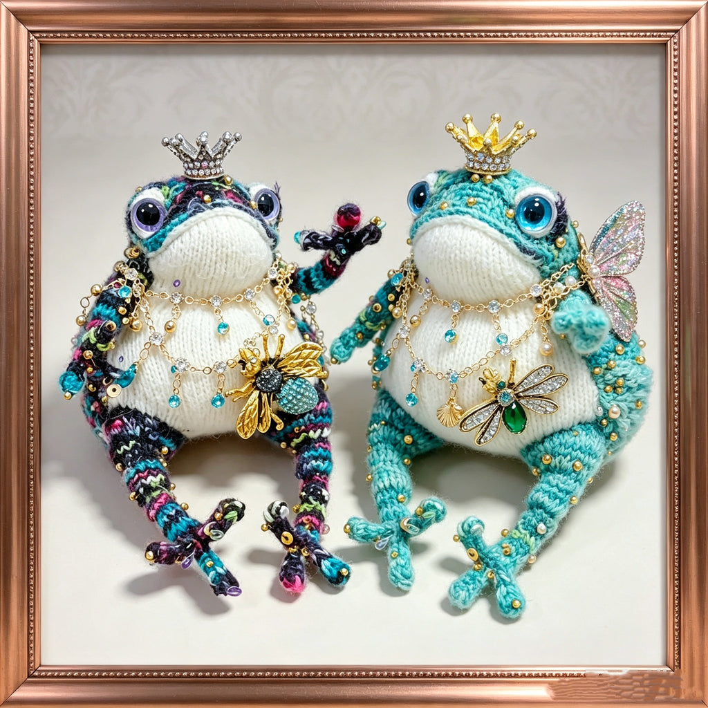 The Crowned Toad Duo – One Ocean Sprite &amp; One Night Garden Noble, Hand-Knitted &amp; Bejeweled  (Available Individually or as a Pair) |  | The Third Space