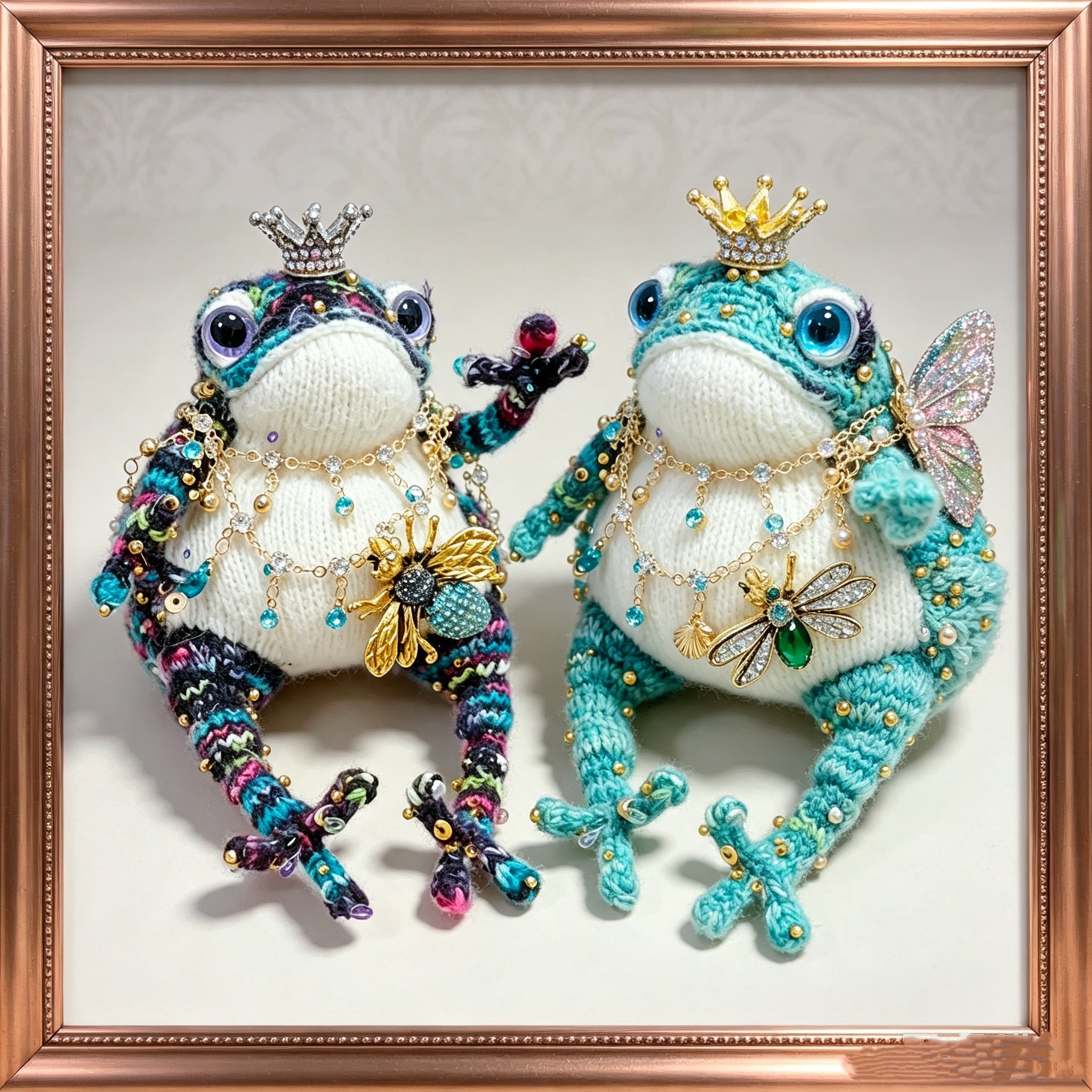 The Crowned Toad Duo – One Ocean Sprite &amp; One Night Garden Noble, Hand-Knitted &amp; Bejeweled  (Available Individually or as a Pair) |  | The Third Space
