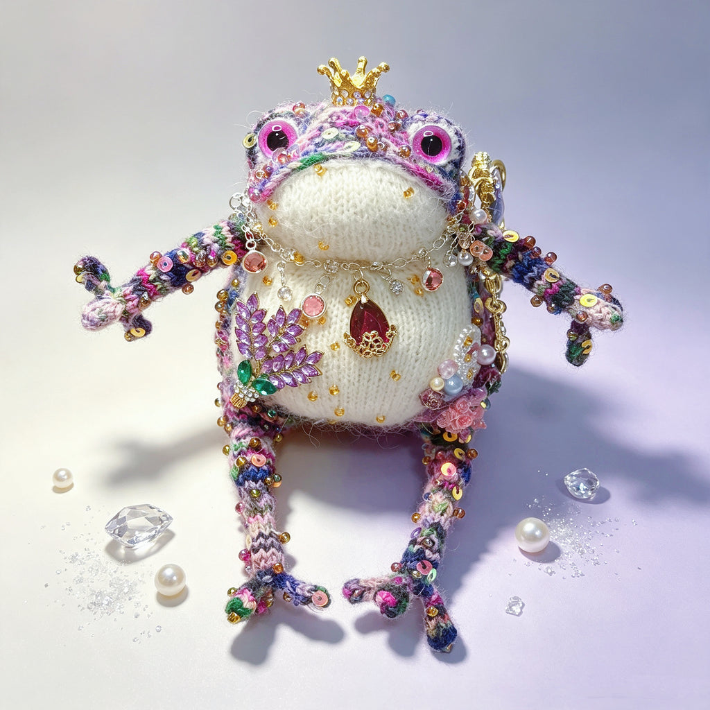 Crystal-Wing Toad Princess –Hand-Knitted Figurine with Gold Crown, Ruby Teardrop Pendant, Crystal Butterfly Wings, Rainbow Multi-Color Yarn &amp; Sequin Embellishments | The Third Space
