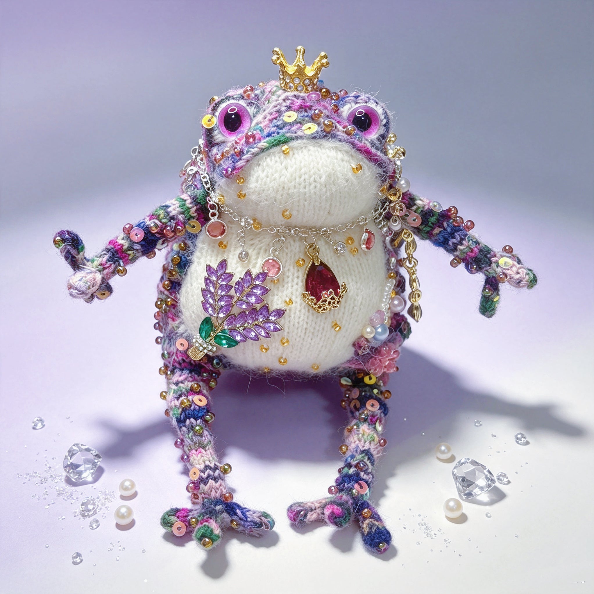 Crystal-Wing Toad Princess –Hand-Knitted Figurine with Gold Crown, Ruby Teardrop Pendant, Crystal Butterfly Wings, Rainbow Multi-Color Yarn &amp; Sequin Embellishments | The Third Space