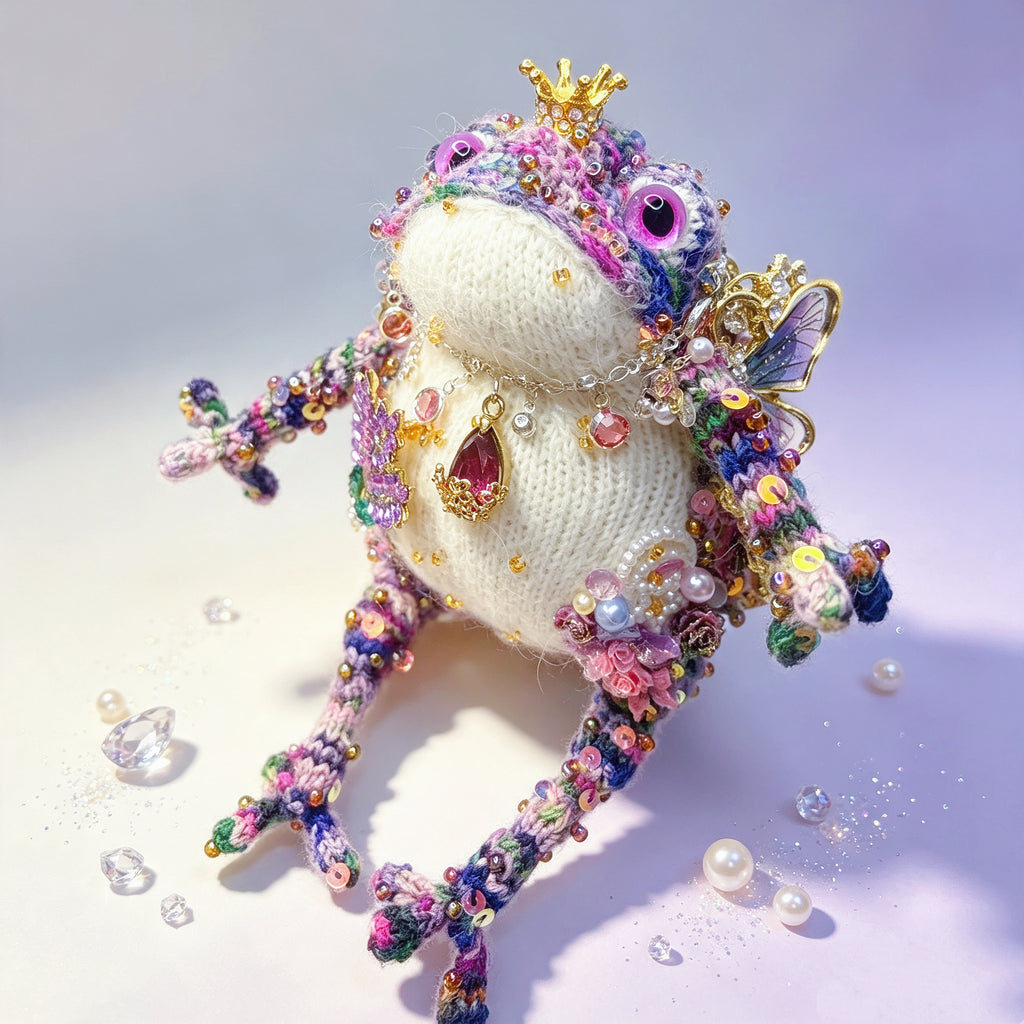 Crystal-Wing Toad Princess –Hand-Knitted Figurine with Gold Crown, Ruby Teardrop Pendant, Crystal Butterfly Wings, Rainbow Multi-Color Yarn &amp; Sequin Embellishments | The Third Space