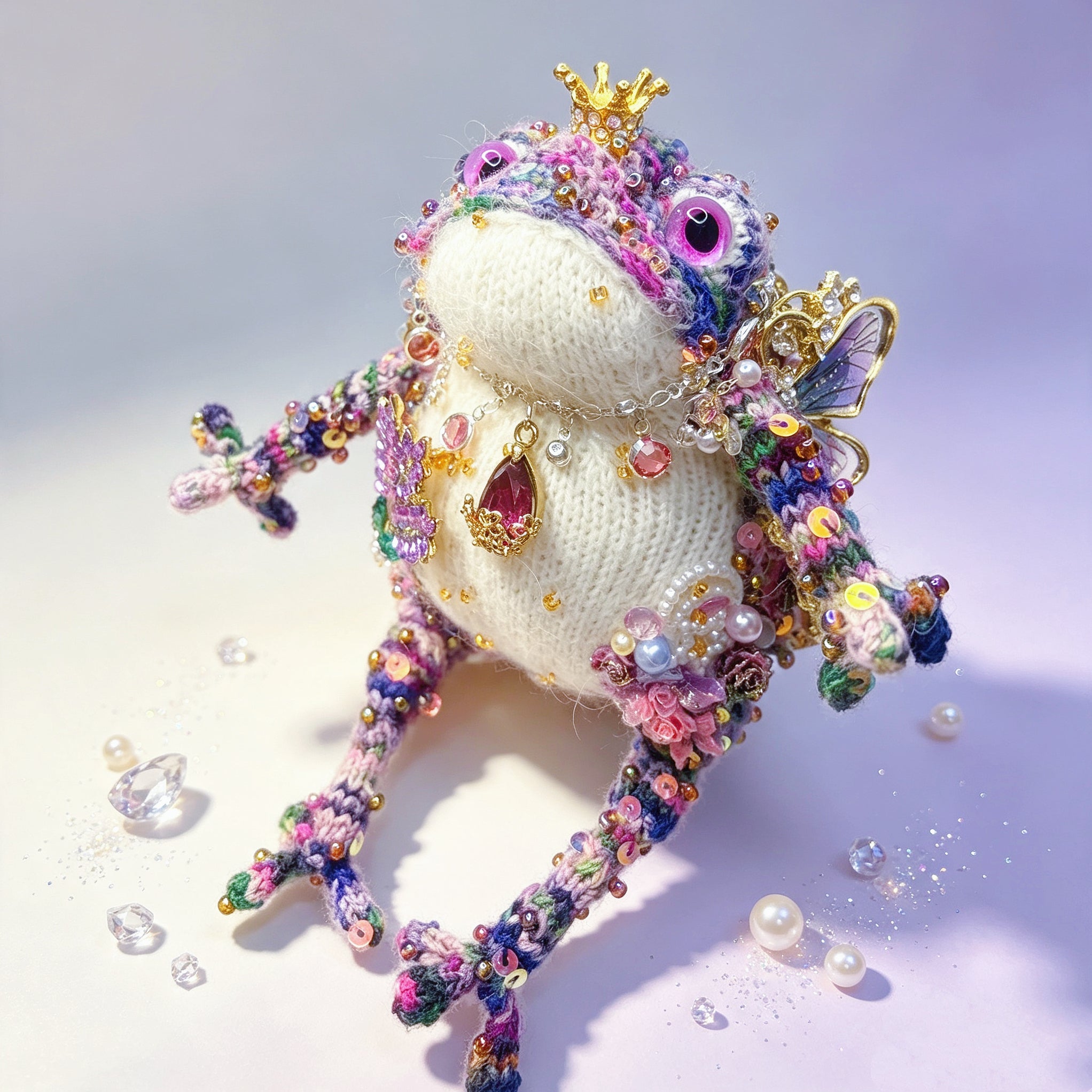 Crystal-Wing Toad Princess –Hand-Knitted Figurine with Gold Crown, Ruby Teardrop Pendant, Crystal Butterfly Wings, Rainbow Multi-Color Yarn &amp; Sequin Embellishments | The Third Space