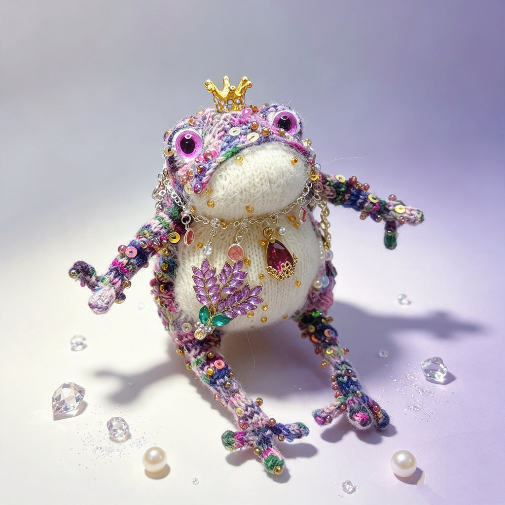 Crystal-Wing Toad Princess –Hand-Knitted Figurine with Gold Crown, Ruby Teardrop Pendant, Crystal Butterfly Wings, Rainbow Multi-Color Yarn &amp; Sequin Embellishments | The Third Space