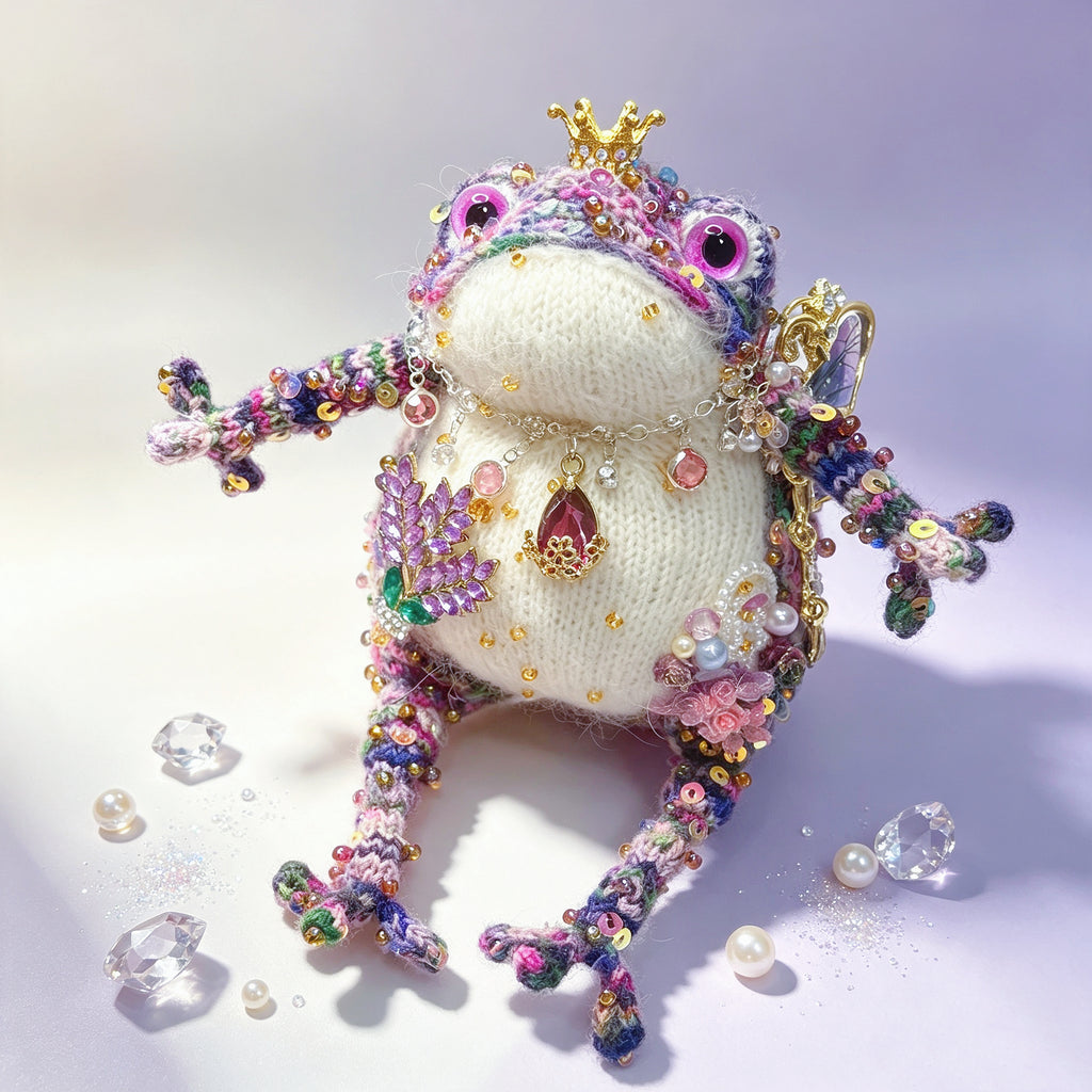 Crystal-Wing Toad Princess –Hand-Knitted Figurine with Gold Crown, Ruby Teardrop Pendant, Crystal Butterfly Wings, Rainbow Multi-Color Yarn &amp; Sequin Embellishments | The Third Space