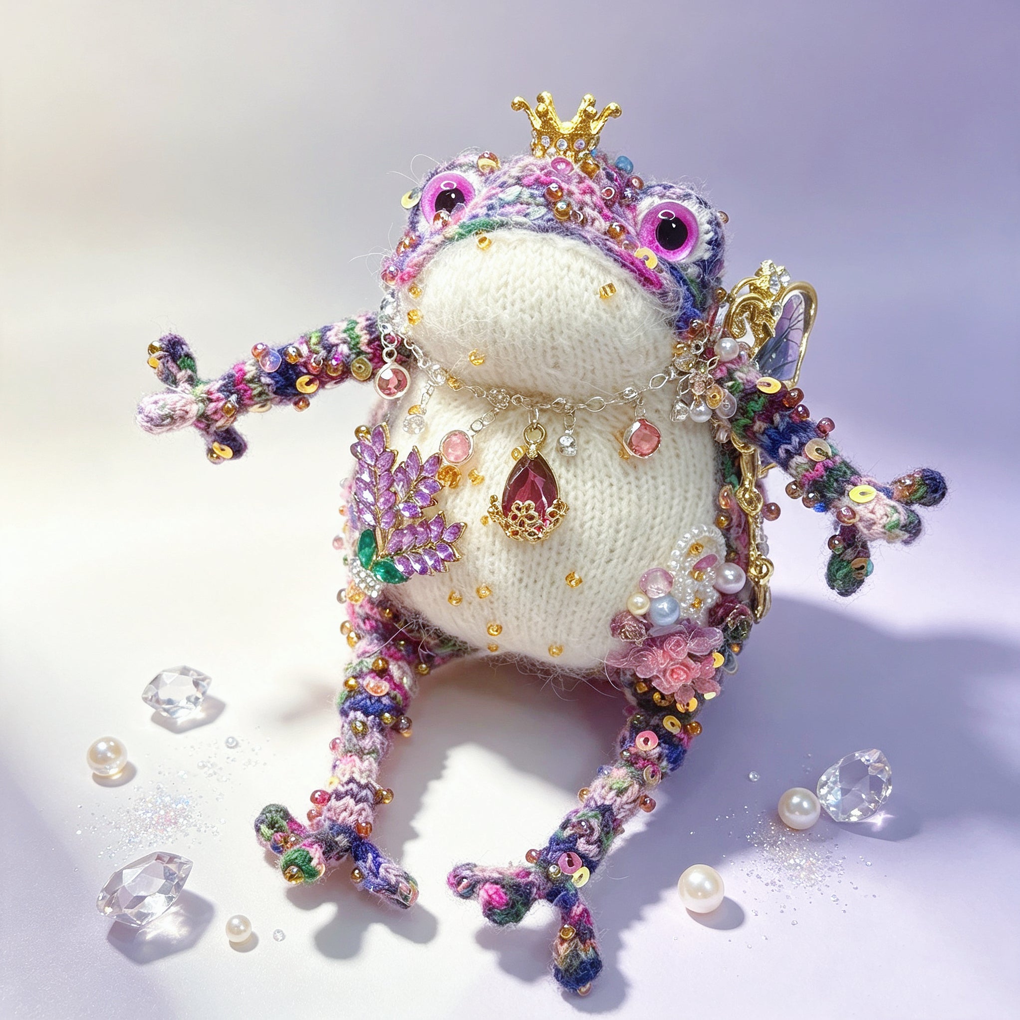 Crystal-Wing Toad Princess –Hand-Knitted Figurine with Gold Crown, Ruby Teardrop Pendant, Crystal Butterfly Wings, Rainbow Multi-Color Yarn &amp; Sequin Embellishments | The Third Space