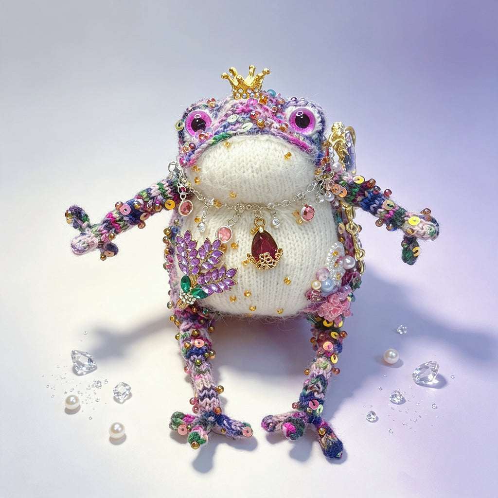 Crystal-Wing Toad Princess –Hand-Knitted Figurine with Gold Crown, Ruby Teardrop Pendant, Crystal Butterfly Wings, Rainbow Multi-Color Yarn &amp; Sequin Embellishments | The Third Space