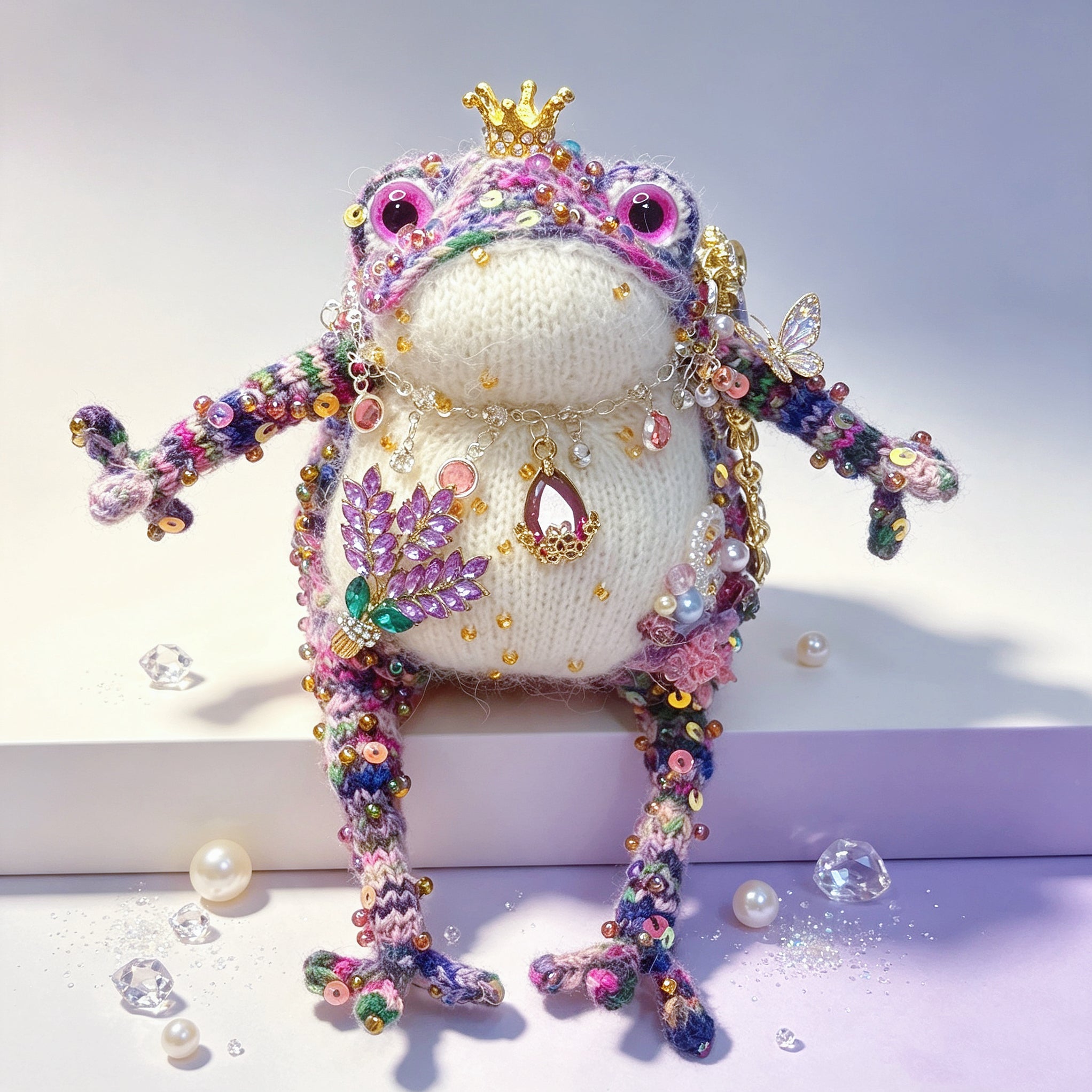 Crystal-Wing Toad Princess –Hand-Knitted Figurine with Gold Crown, Ruby Teardrop Pendant, Crystal Butterfly Wings, Rainbow Multi-Color Yarn &amp; Sequin Embellishments | The Third Space