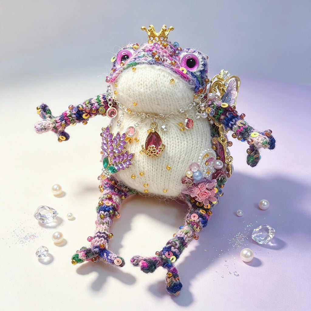Crystal-Wing Toad Princess –Hand-Knitted Figurine with Gold Crown, Ruby Teardrop Pendant, Crystal Butterfly Wings, Rainbow Multi-Color Yarn &amp; Sequin Embellishments | The Third Space