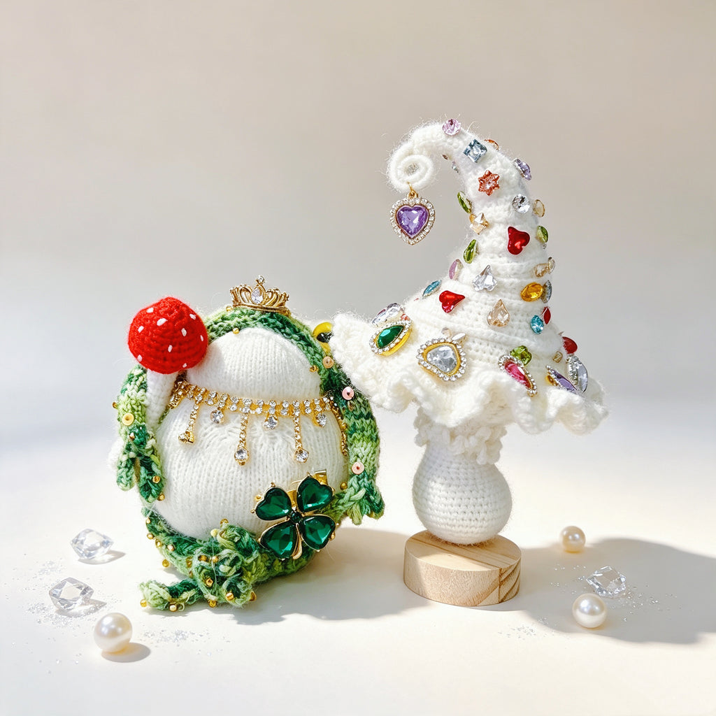 The Enchanted Toad &amp; Mushroom Collection – Six Hand-Knitted Treasures, Each Crowned &amp; Bejeweled, Available Individually | The Third Space