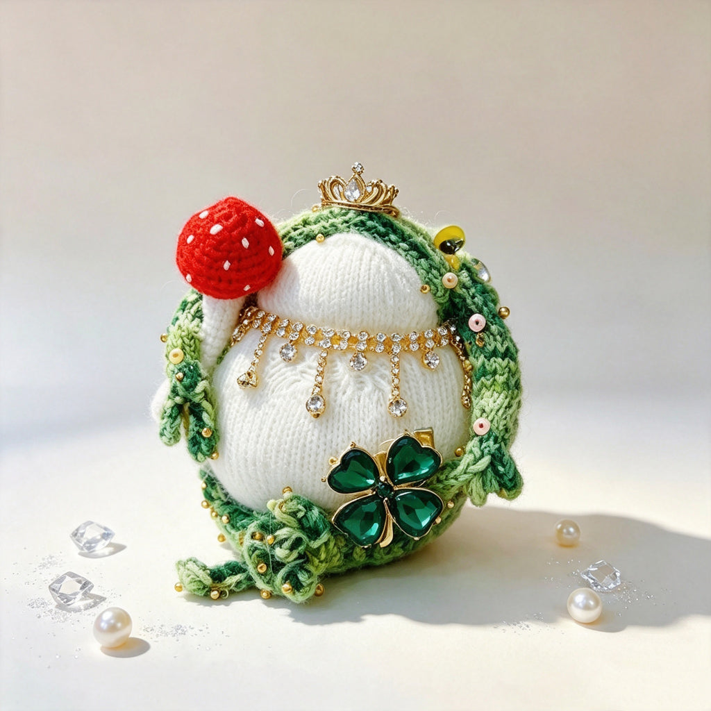 The Enchanted Toad &amp; Mushroom Collection – Six Hand-Knitted Treasures, Each Crowned &amp; Bejeweled, Available Individually | The Third Space