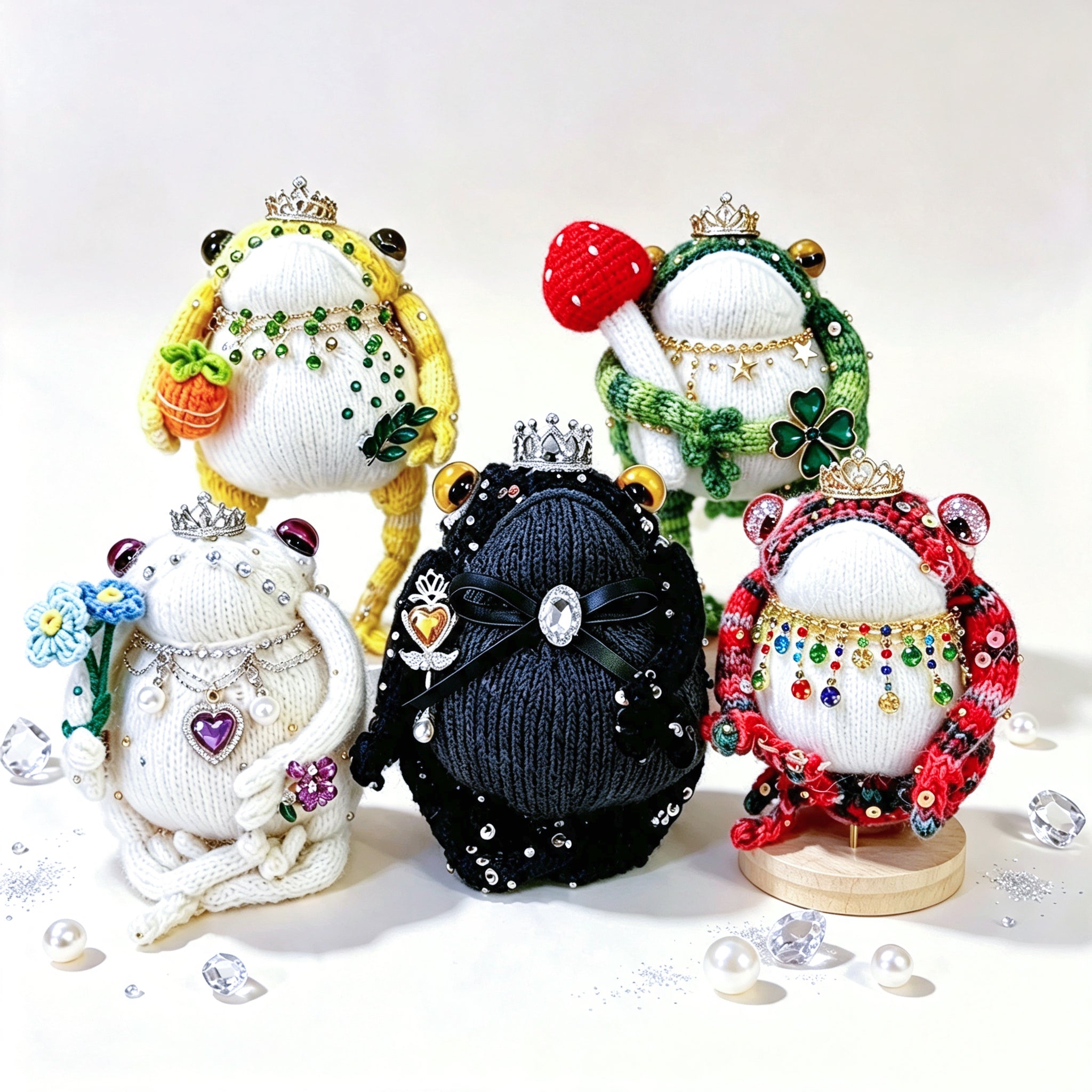 The Enchanted Toad &amp; Mushroom Collection – Six Hand-Knitted Treasures, Each Crowned &amp; Bejeweled, Available Individually | The Third Space