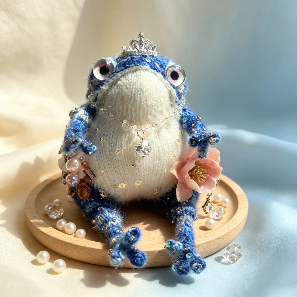 The Blue Toad Princess – Hand-Knitted Figurine with Silver Crown, Crystal Necklace, Pink Flower Brooches, Sequin-Embellished Body &amp; Sparkly White Belly | The Third Space