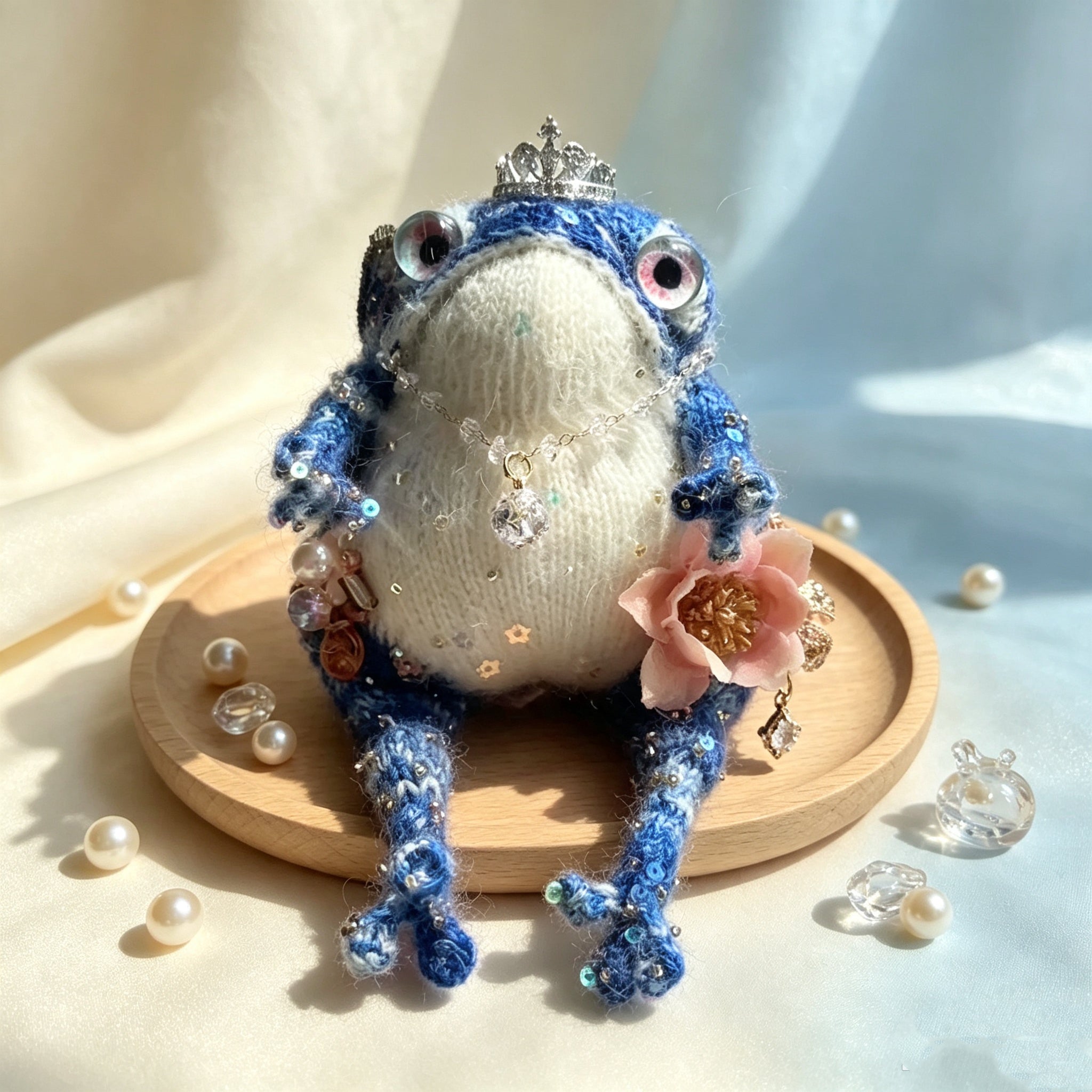 The Blue Toad Princess – Hand-Knitted Figurine with Silver Crown, Crystal Necklace, Pink Flower Brooches, Sequin-Embellished Body &amp; Sparkly White Belly | The Third Space