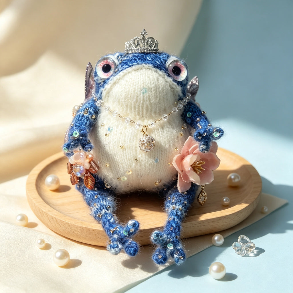 The Blue Toad Princess – Hand-Knitted Figurine with Silver Crown, Crystal Necklace, Pink Flower Brooches, Sequin-Embellished Body &amp; Sparkly White Belly | The Third Space