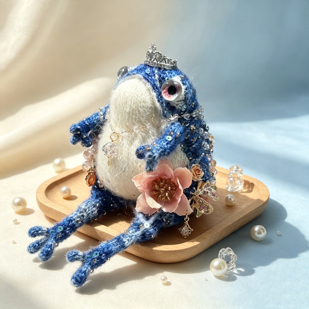 The Blue Toad Princess – Hand-Knitted Figurine with Silver Crown, Crystal Necklace, Pink Flower Brooches, Sequin-Embellished Body &amp; Sparkly White Belly | The Third Space