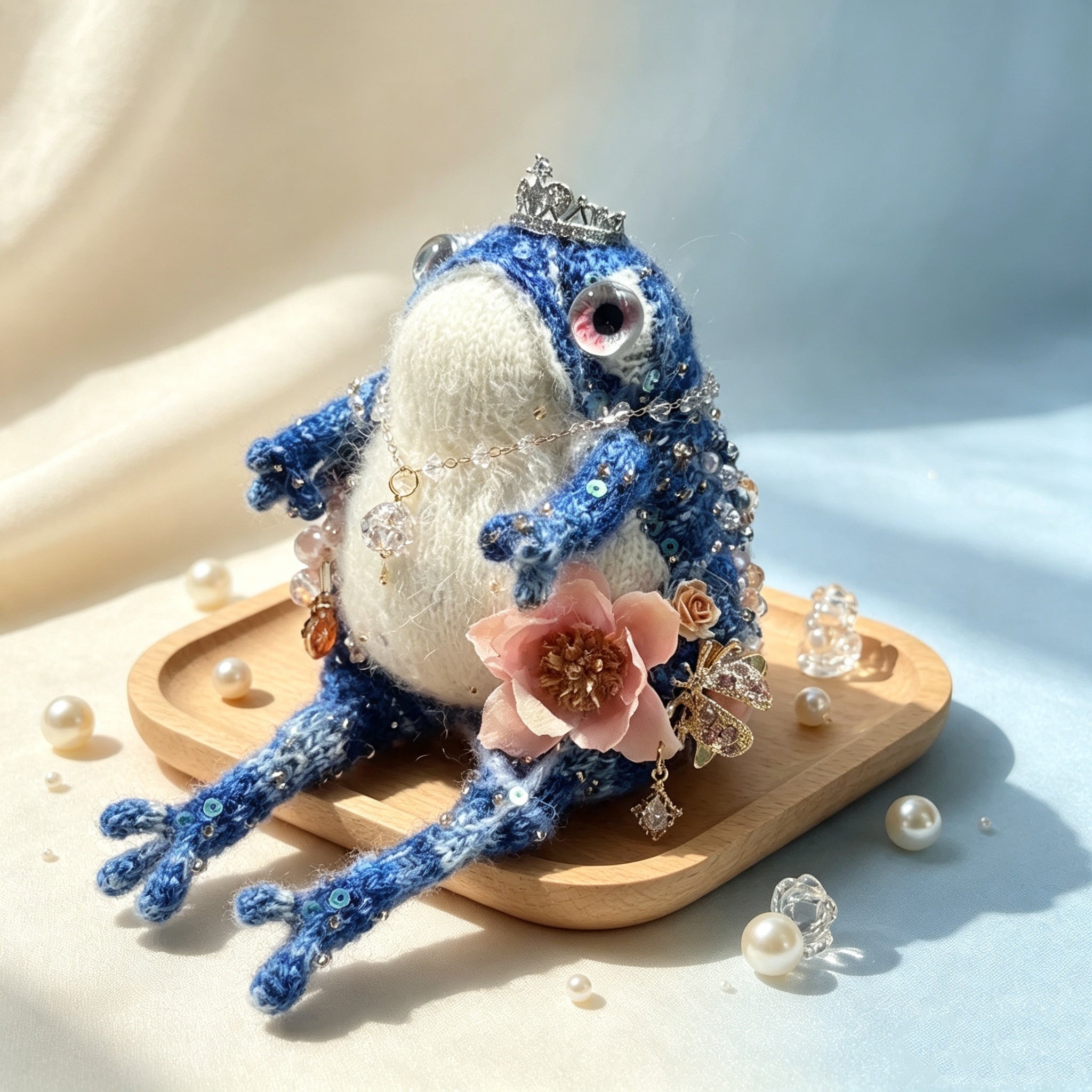 The Blue Toad Princess – Hand-Knitted Figurine with Silver Crown, Crystal Necklace, Pink Flower Brooches, Sequin-Embellished Body &amp; Sparkly White Belly | The Third Space