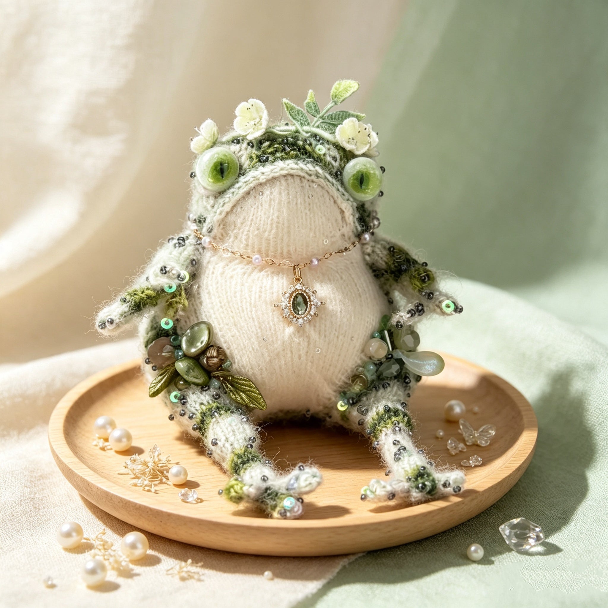 The Forest Sprite Toad – Hand-Knitted Woodland Fairy Figurine with Flower Crown, Green Vertical-Pupil Eyes, Vintage Emerald Locket Necklace, Moss-Textured Limbs &amp; Sequin-Dusted Body | The Third Space