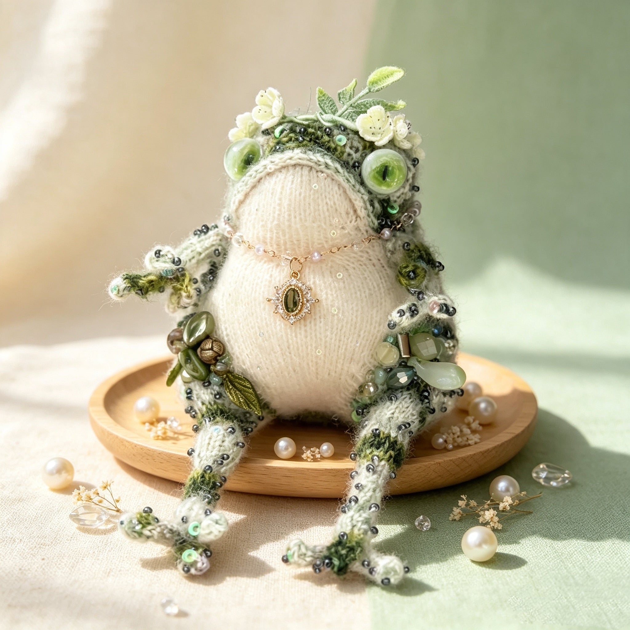 The Forest Sprite Toad – Hand-Knitted Woodland Fairy Figurine with Flower Crown, Green Vertical-Pupil Eyes, Vintage Emerald Locket Necklace, Moss-Textured Limbs &amp; Sequin-Dusted Body | The Third Space