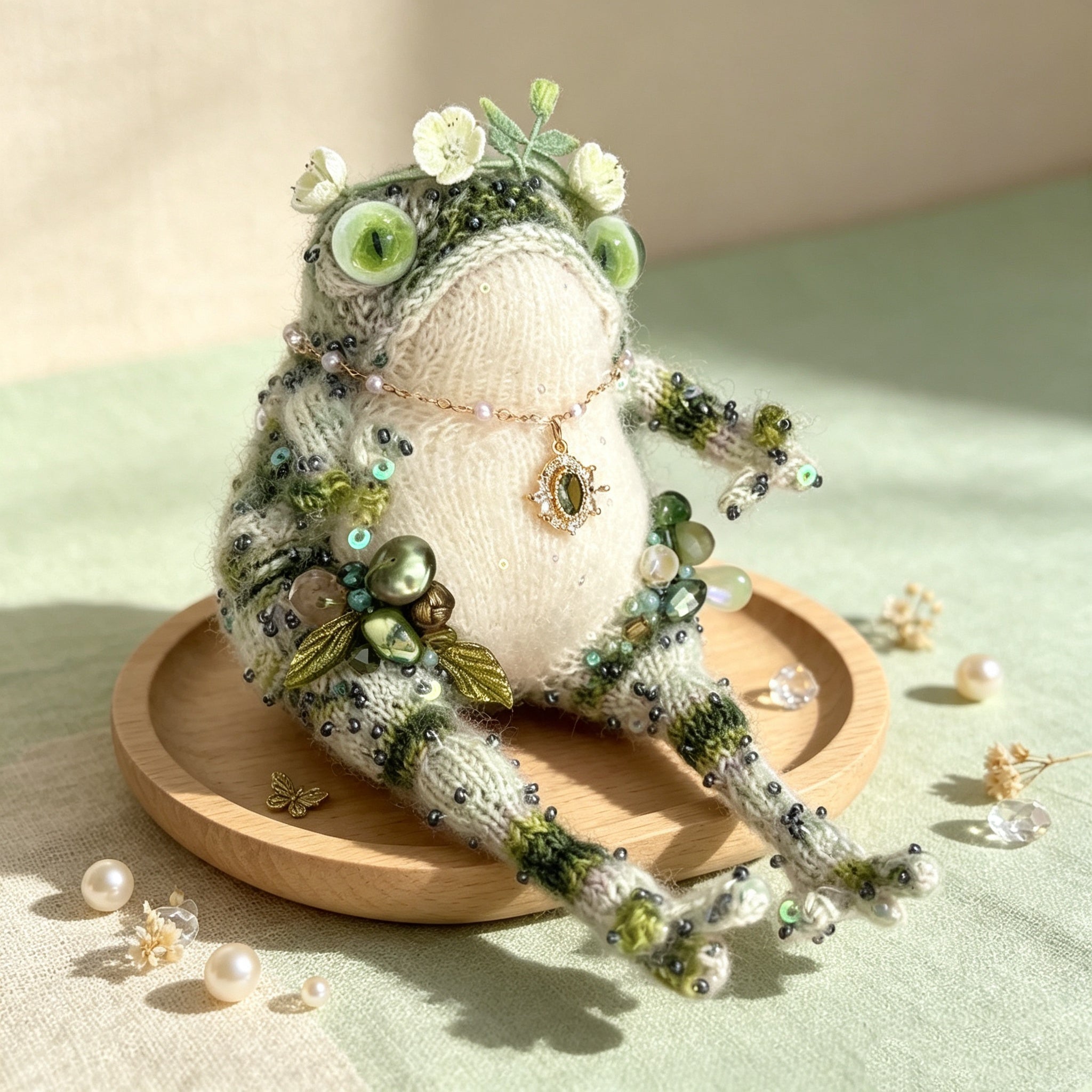 The Forest Sprite Toad – Hand-Knitted Woodland Fairy Figurine with Flower Crown, Green Vertical-Pupil Eyes, Vintage Emerald Locket Necklace, Moss-Textured Limbs &amp; Sequin-Dusted Body | The Third Space
