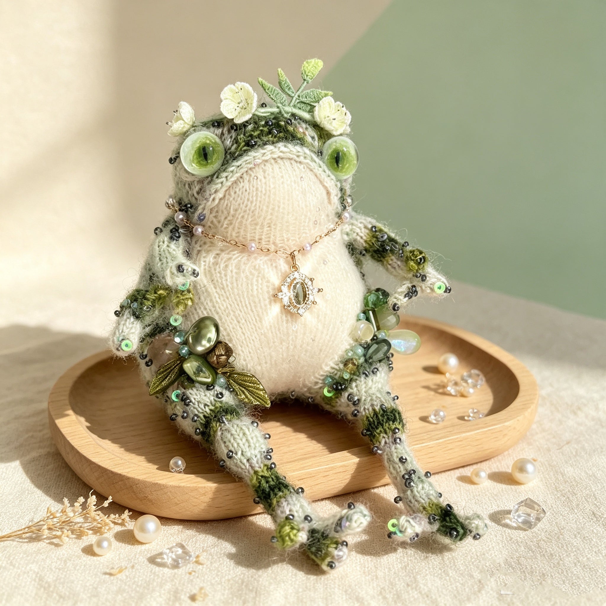 The Forest Sprite Toad – Hand-Knitted Woodland Fairy Figurine with Flower Crown, Green Vertical-Pupil Eyes, Vintage Emerald Locket Necklace, Moss-Textured Limbs &amp; Sequin-Dusted Body | The Third Space