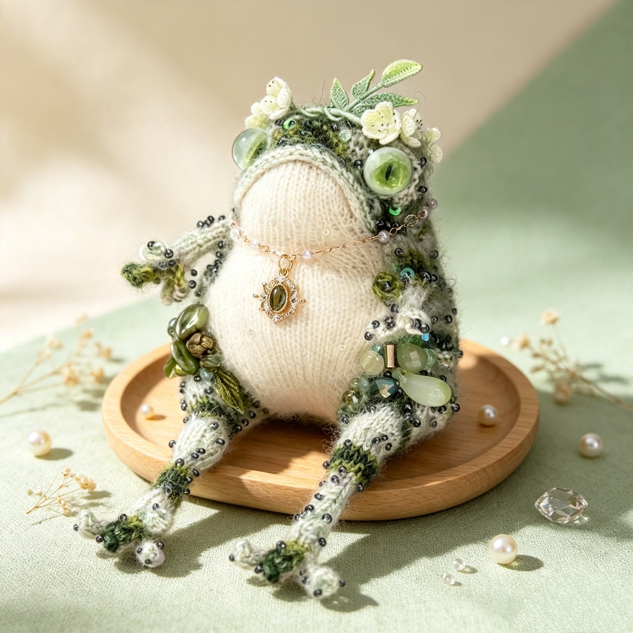 The Forest Sprite Toad – Hand-Knitted Woodland Fairy Figurine with Flower Crown, Green Vertical-Pupil Eyes, Vintage Emerald Locket Necklace, Moss-Textured Limbs &amp; Sequin-Dusted Body | The Third Space